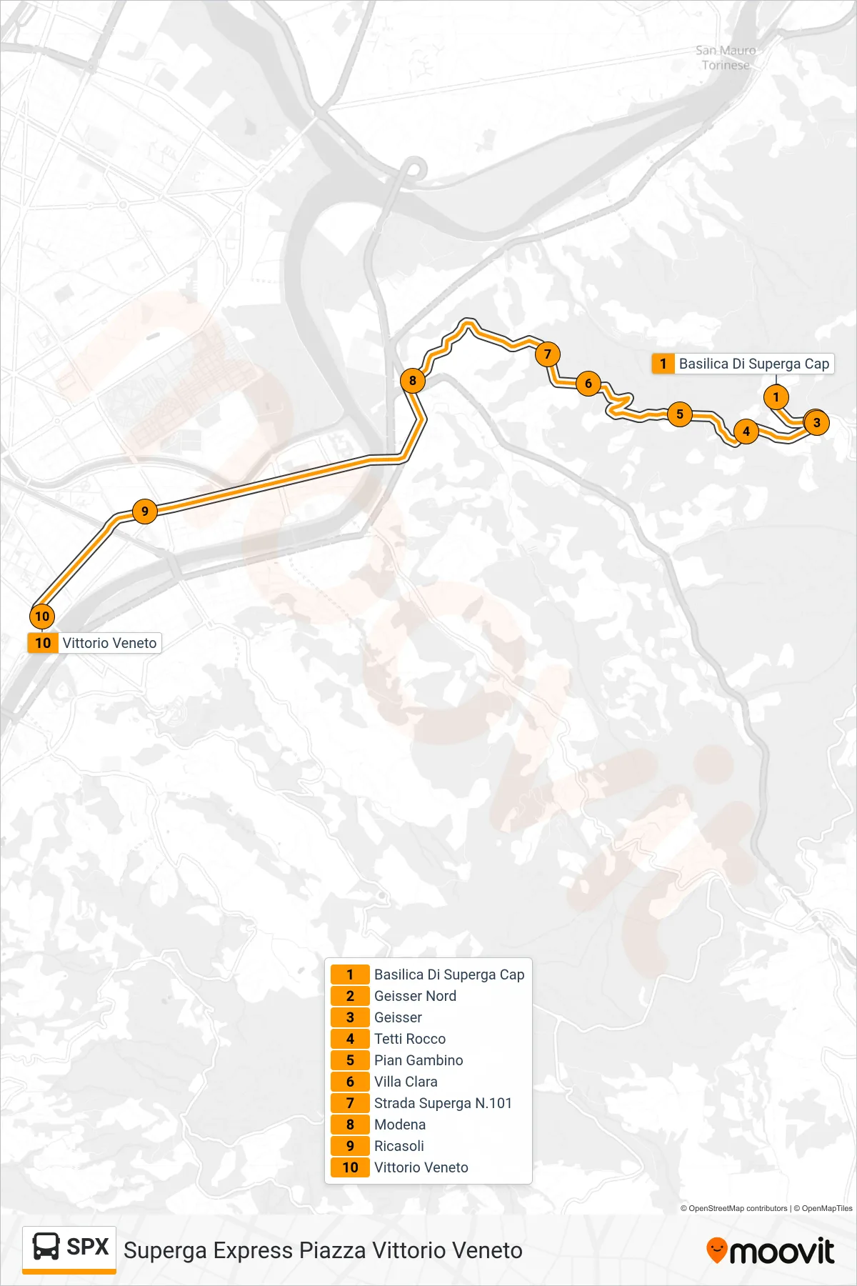 Linea SPX bus (Superga Express Piazza Vittorio Veneto) - Percorsi e fermate sulla mappa