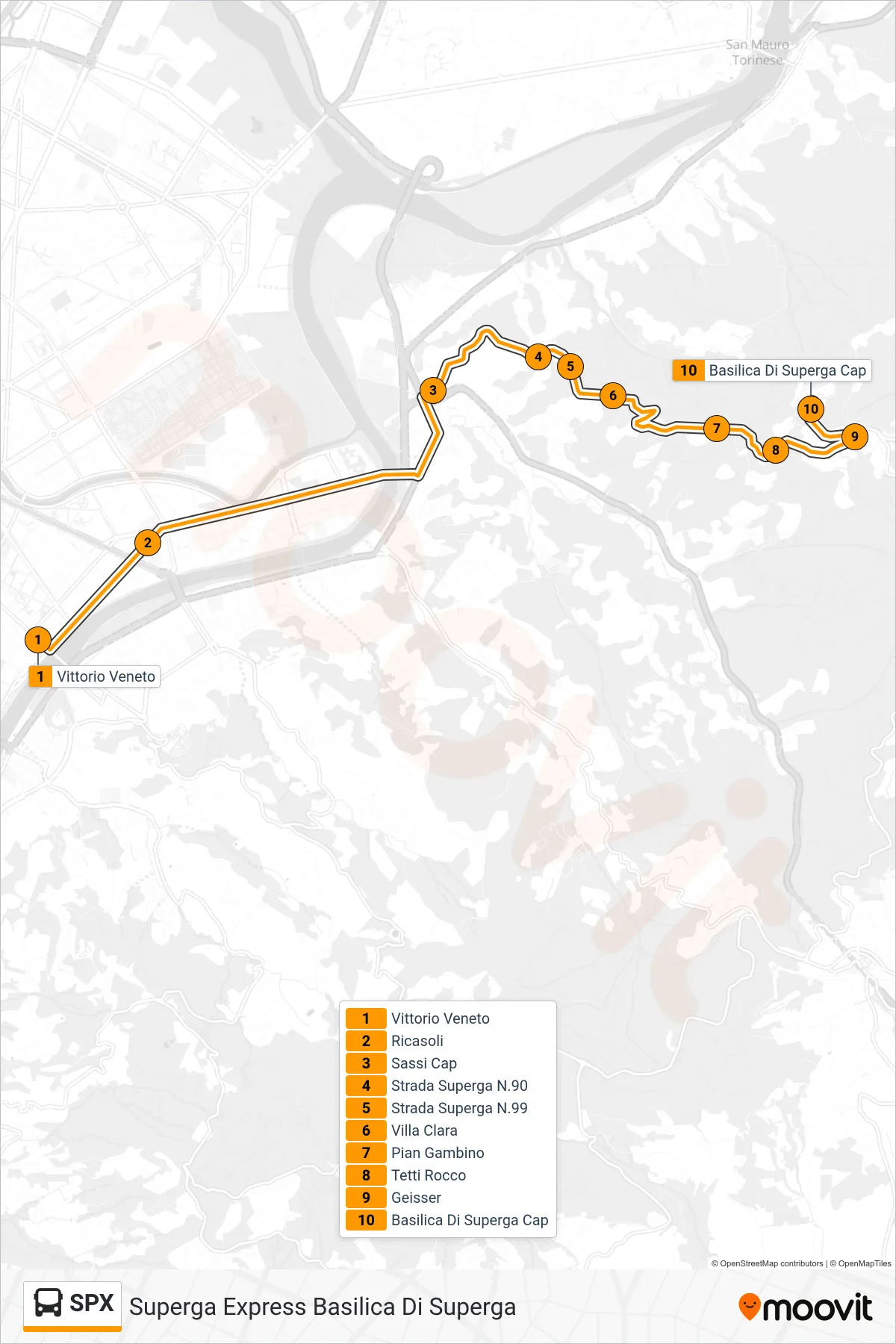 Linea SPX bus (Superga Express Basilica Di Superga) - Percorsi e fermate sulla mappa