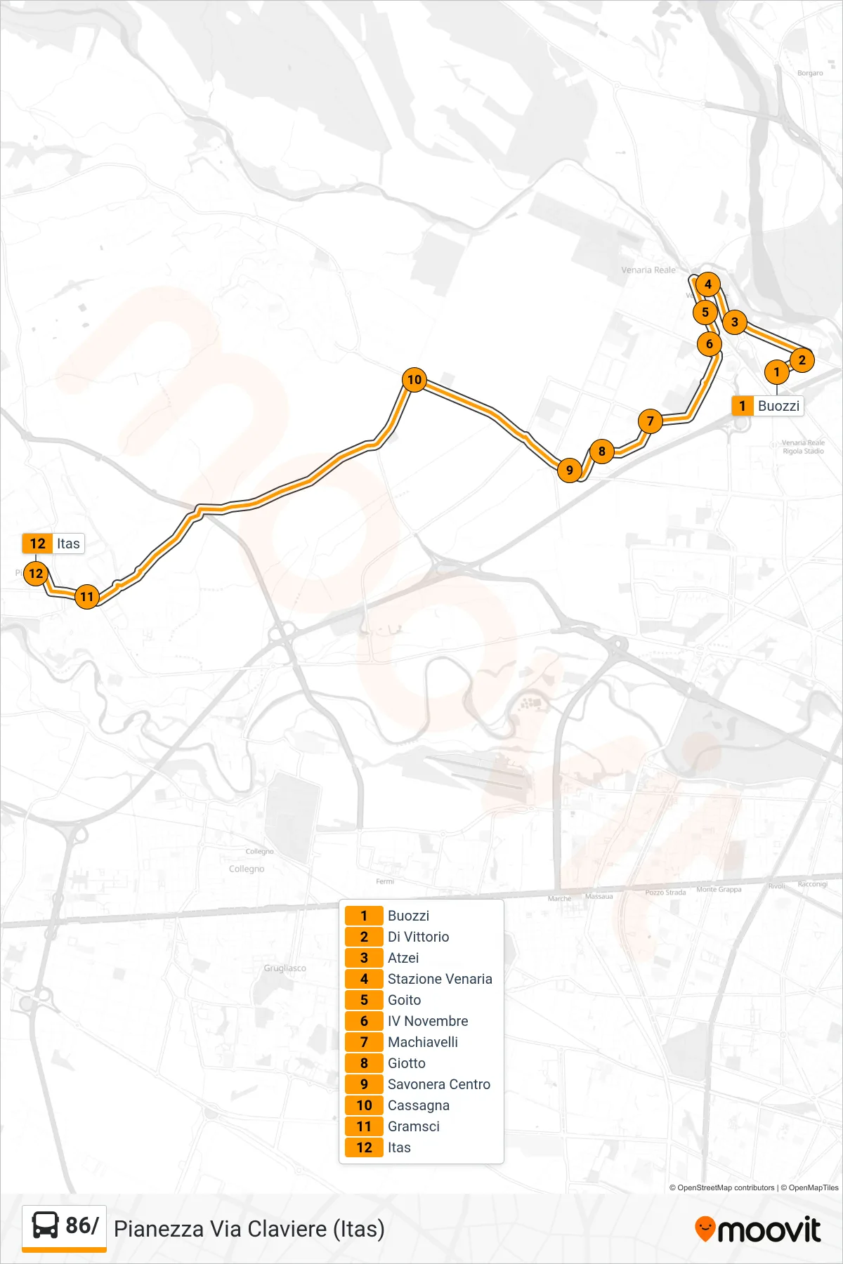 Linea 86/ bus (Pianezza Via Claviere (Itas)) - Percorsi e fermate sulla mappa