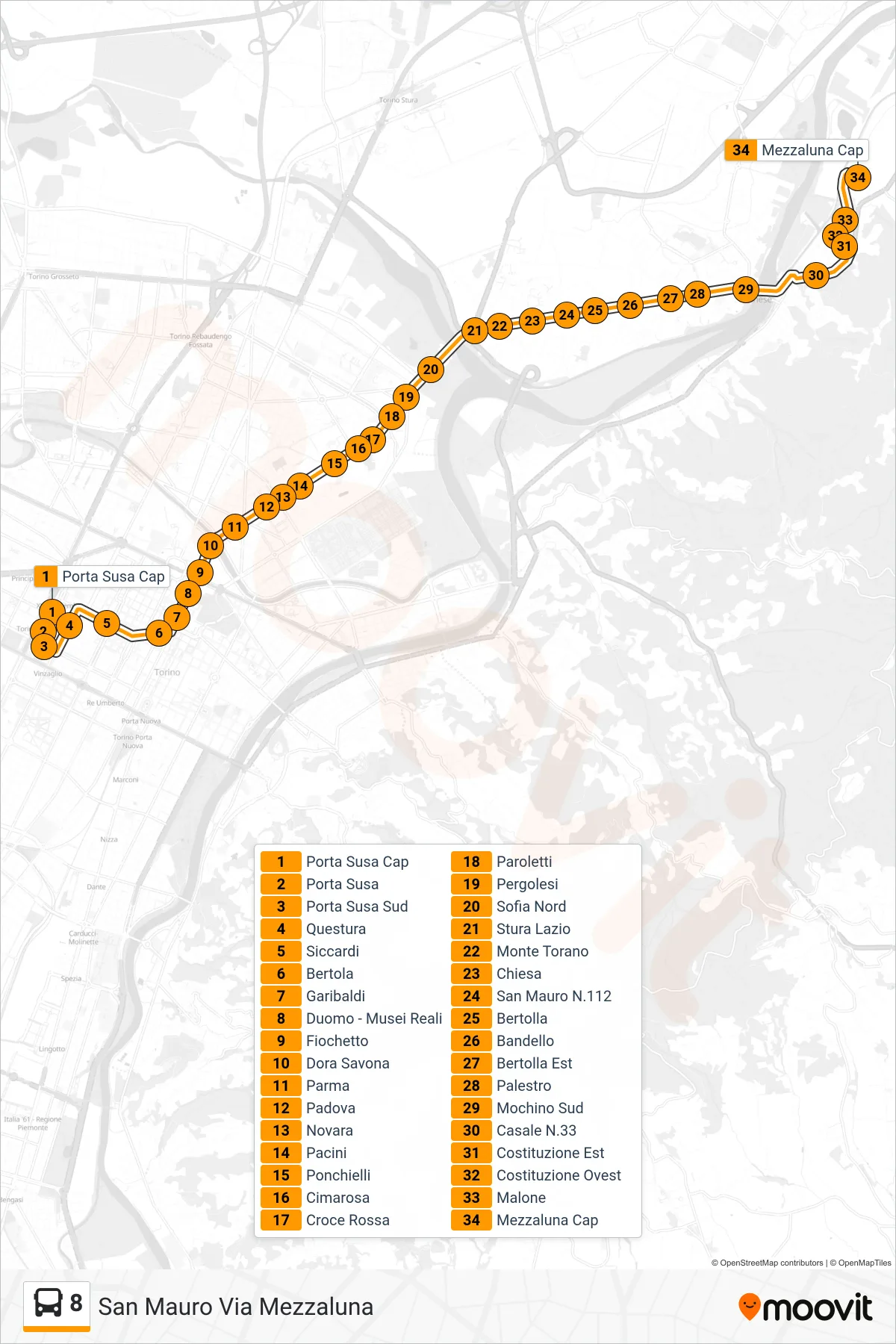 Linea 8 bus (San Mauro Via Mezzaluna) - Percorsi e fermate sulla mappa