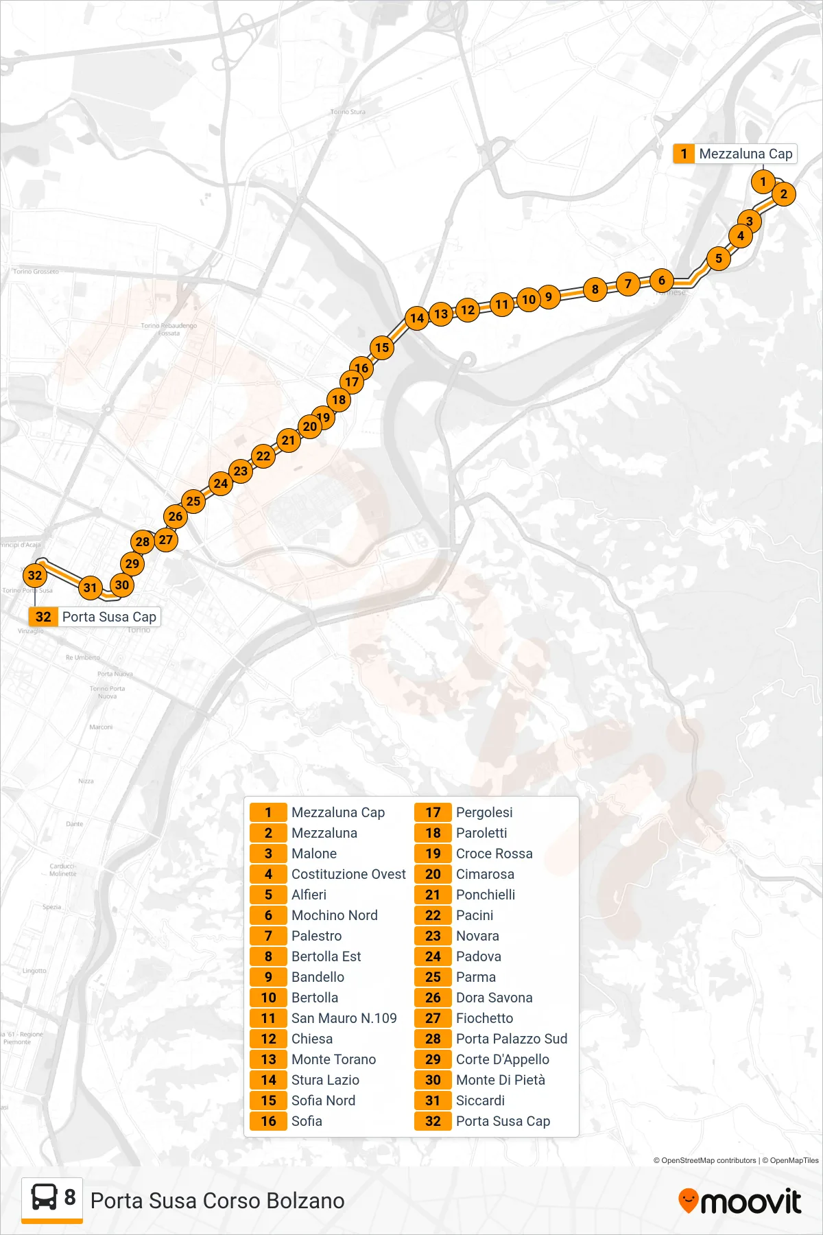 Linea 8 bus (Porta Susa Corso Bolzano) - Percorsi e fermate sulla mappa