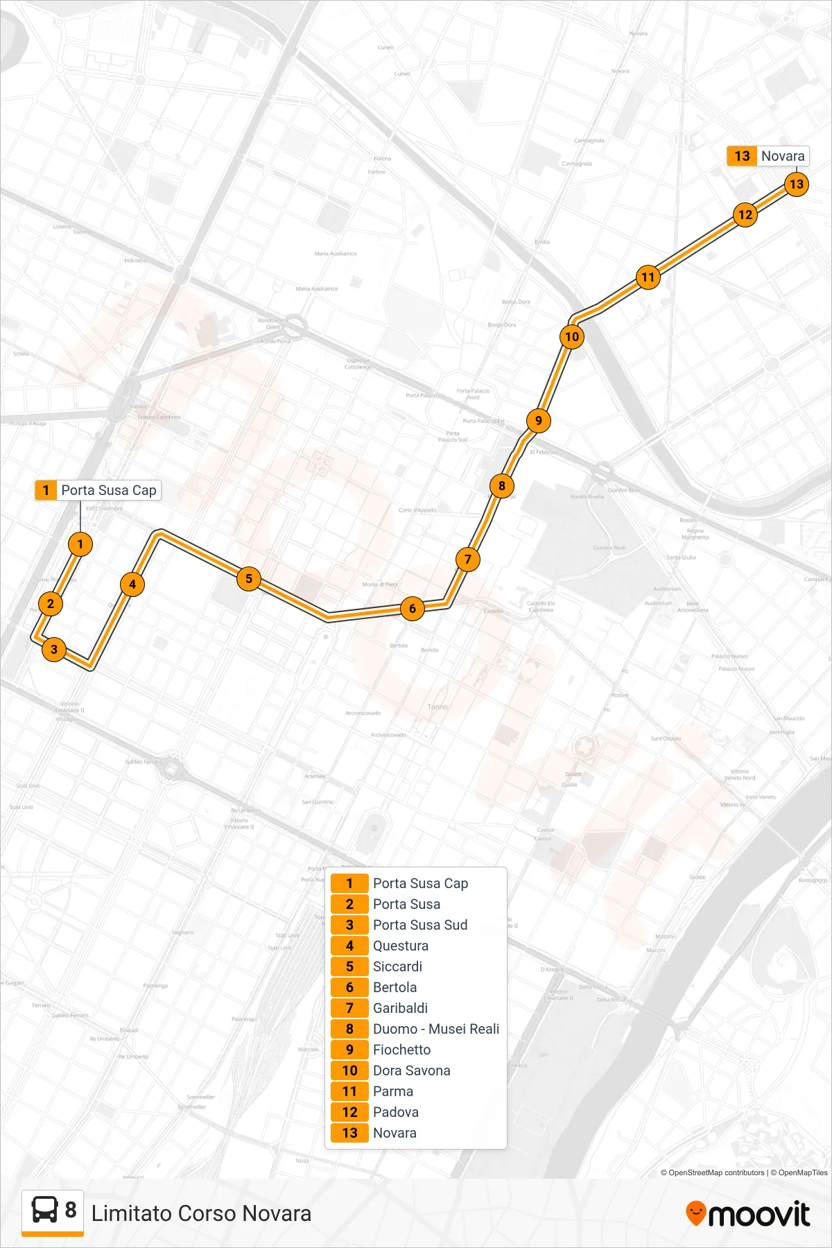 Linea 8  bus (Limitato Corso Novara) - Percorsi e fermate sulla mappa