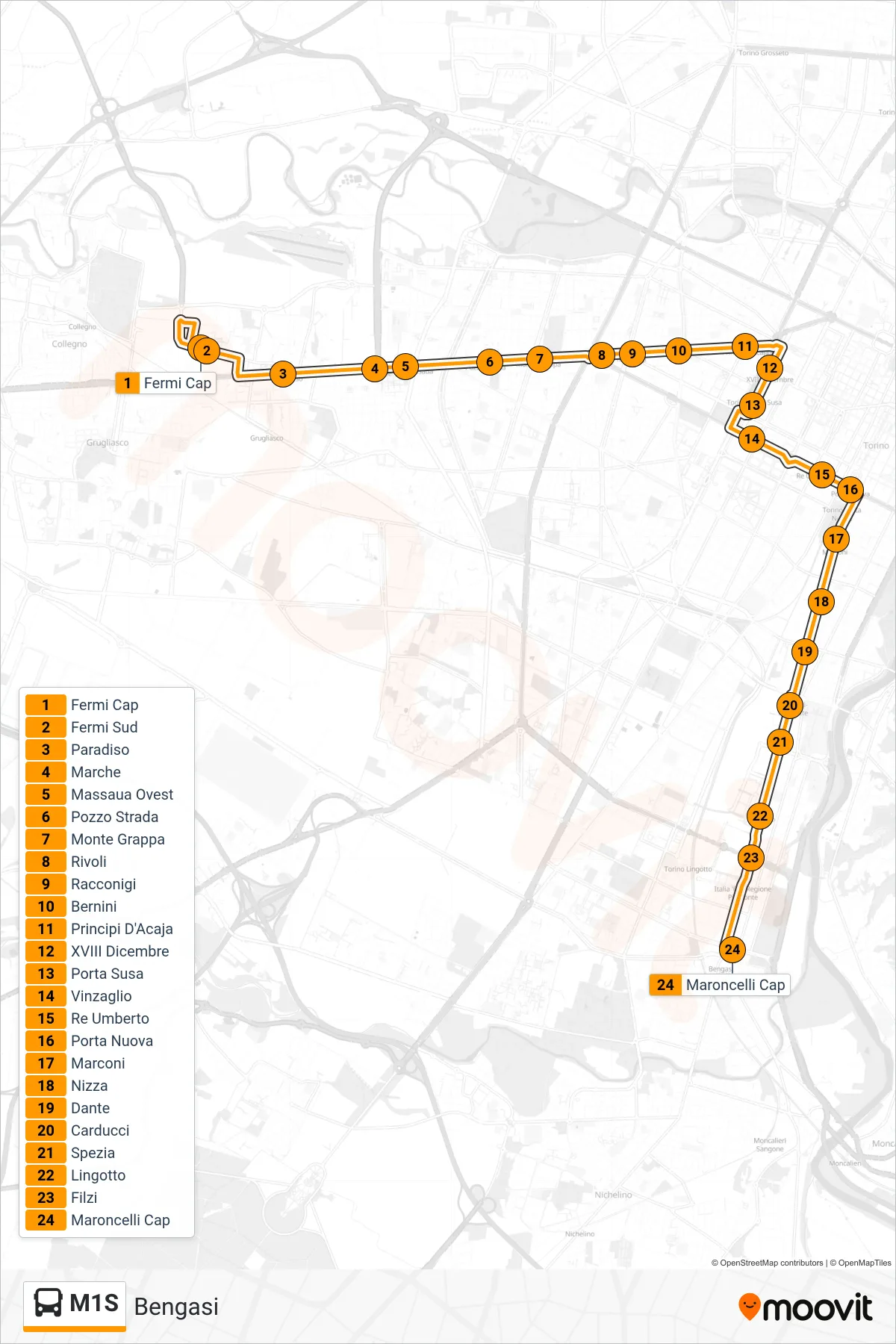 Linea M1S  bus (Bengasi) - Percorsi e fermate sulla mappa
