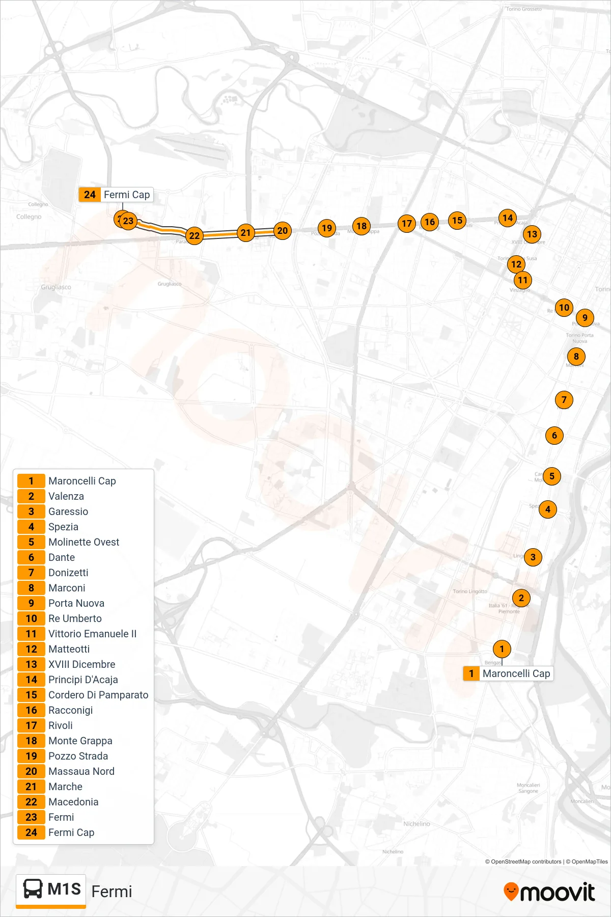 Linea M1S bus (Fermi) - Percorsi e fermate sulla mappa