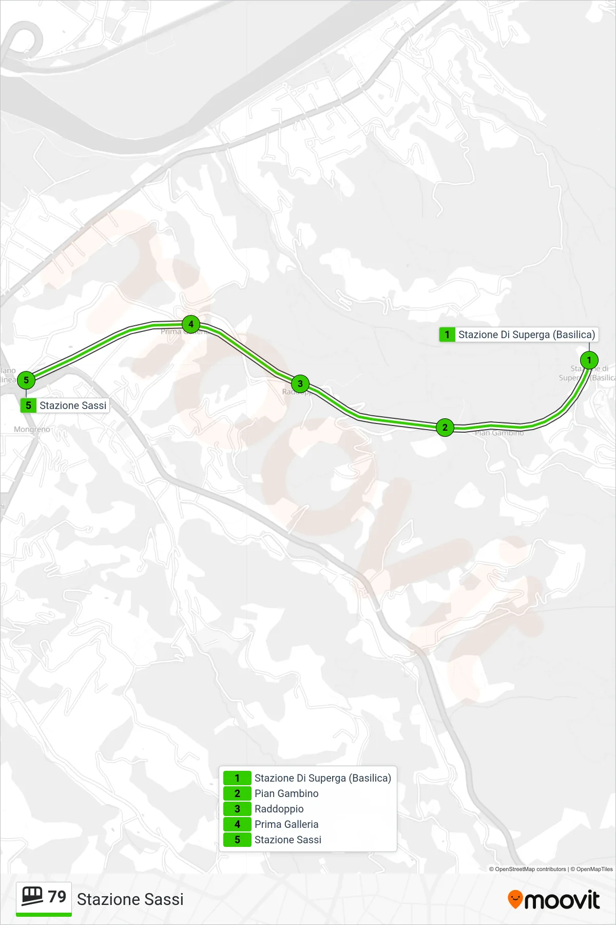 Linea 79 funicolare (Stazione Sassi) - Percorsi e fermate sulla mappa