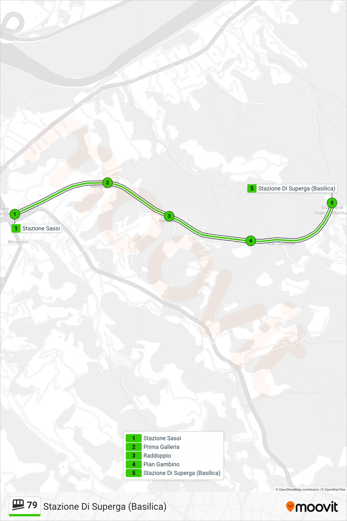 Linea 79  funicolare (Stazione Di Superga (Basilica)) - Percorsi e fermate sulla mappa