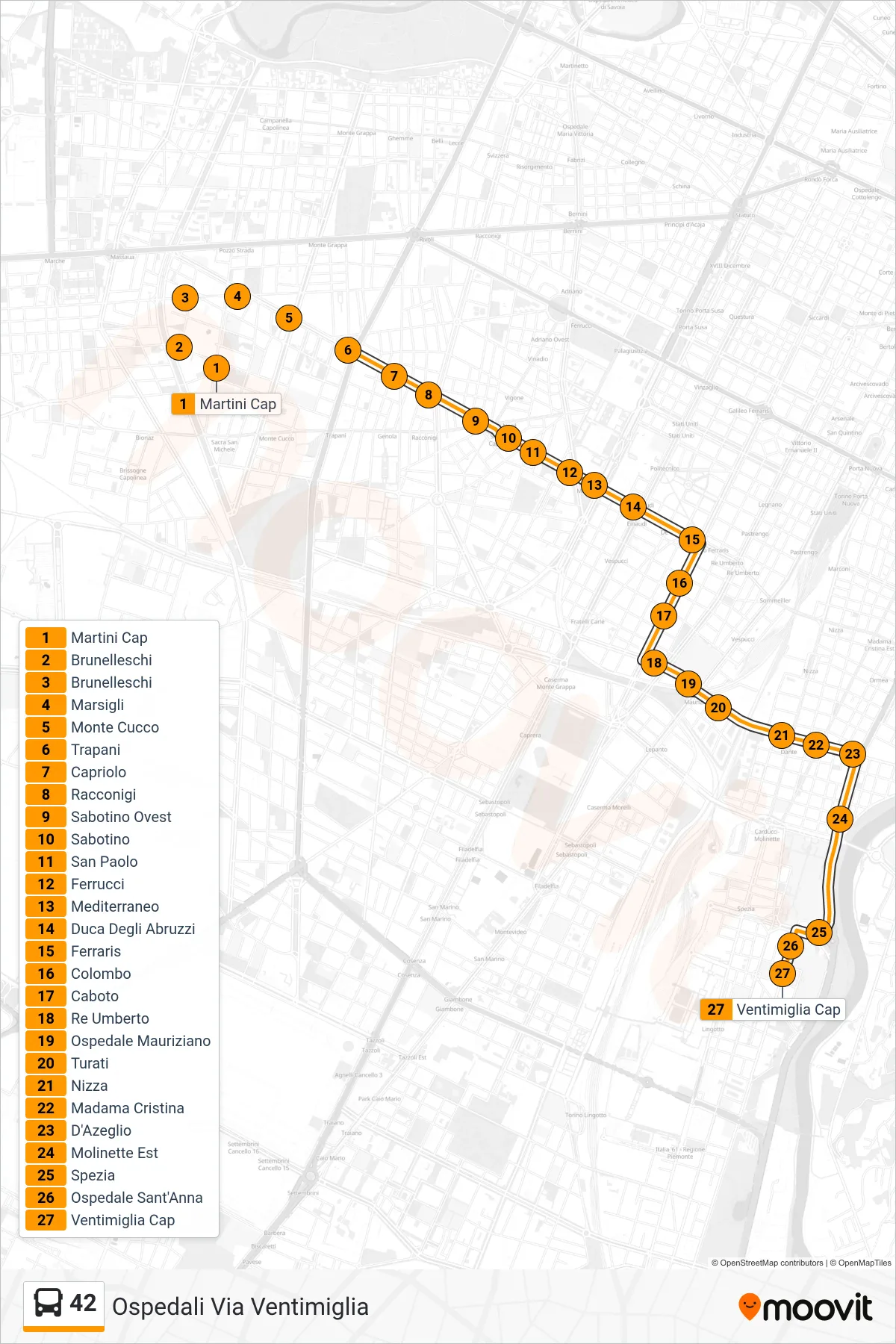 Linea 42 bus (Ospedali Via Ventimiglia) - Percorsi e fermate sulla mappa