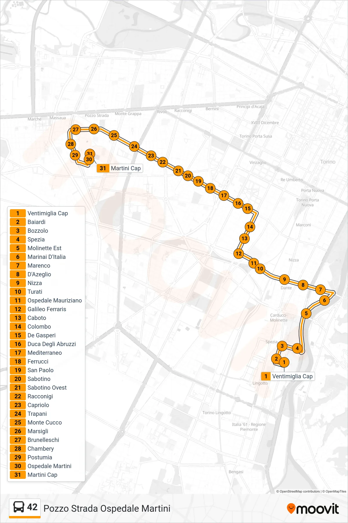 Linea 42 bus (Pozzo Strada Ospedale Martini) - Percorsi e fermate sulla mappa
