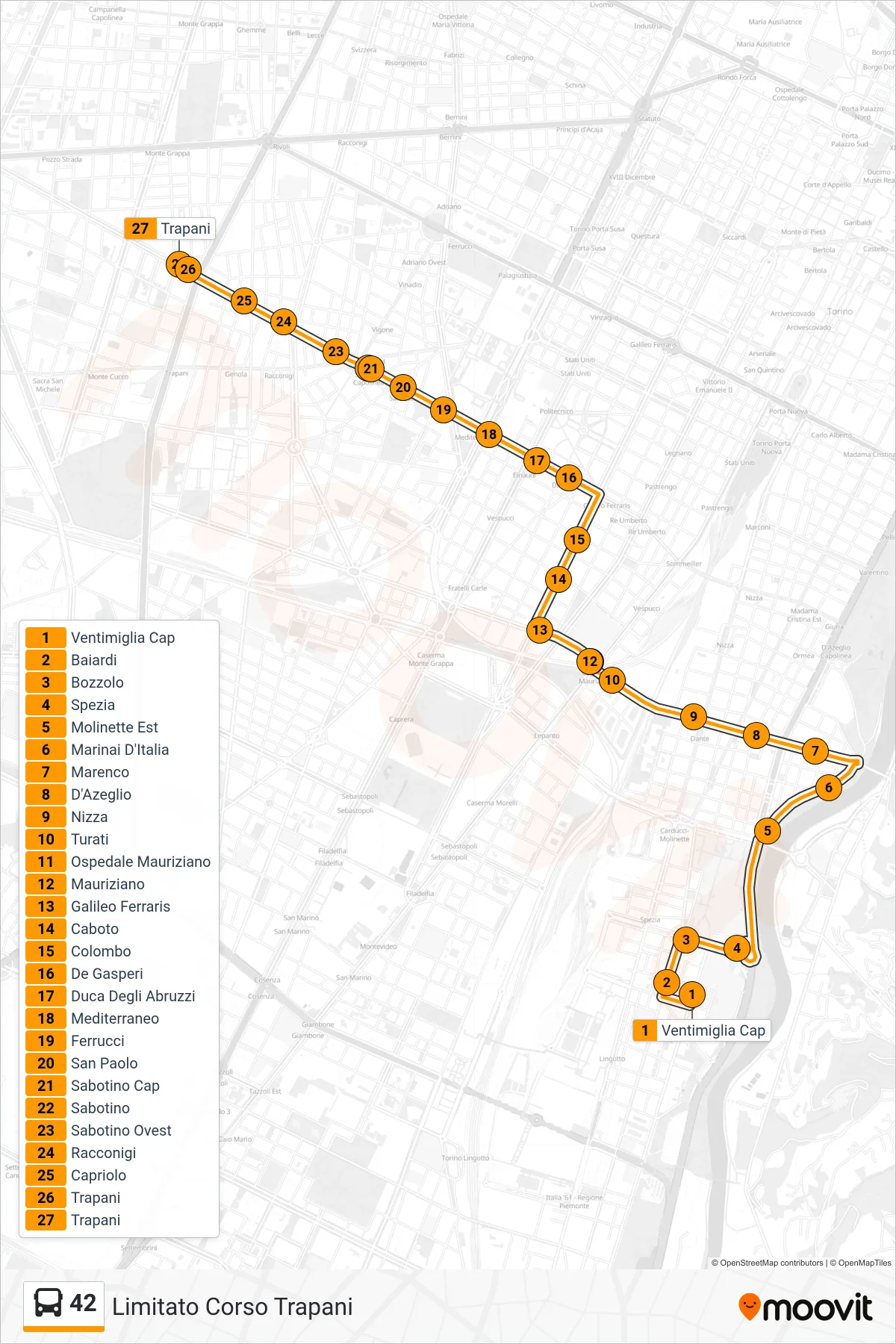 Linea 42 bus (Limitato Corso Trapani) - Percorsi e fermate sulla mappa