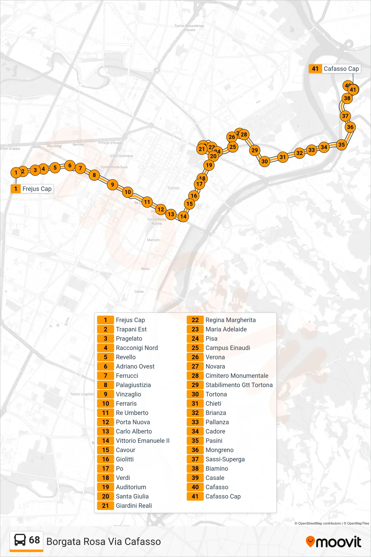 Linea 68 bus (Borgata Rosa Via Cafasso) - Percorsi e fermate sulla mappa