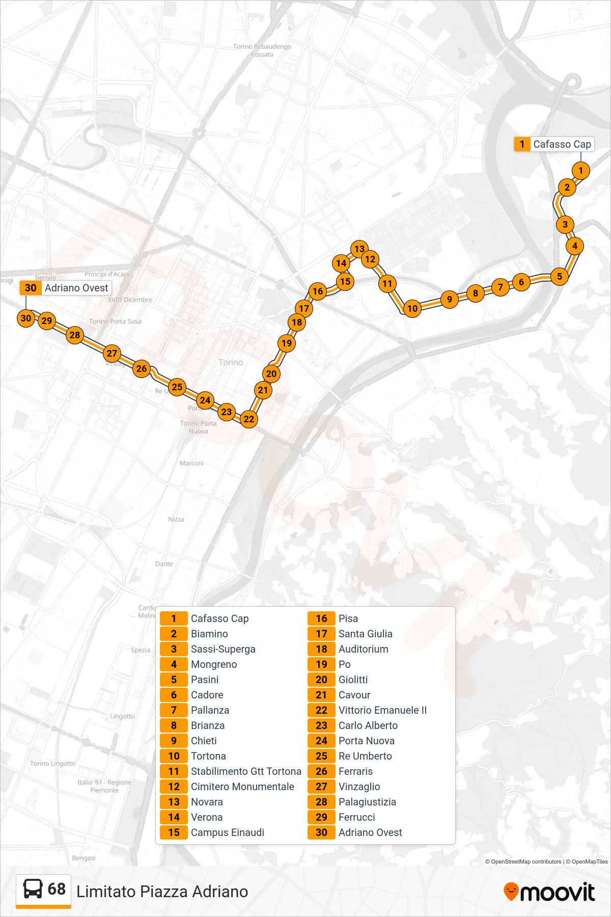 Linea 68  bus (Limitato Piazza Adriano) - Percorsi e fermate sulla mappa