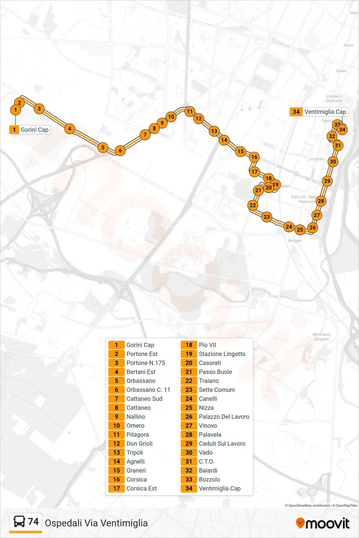 Linea 74 bus (Ospedali Via Ventimiglia) - Percorsi e fermate sulla mappa