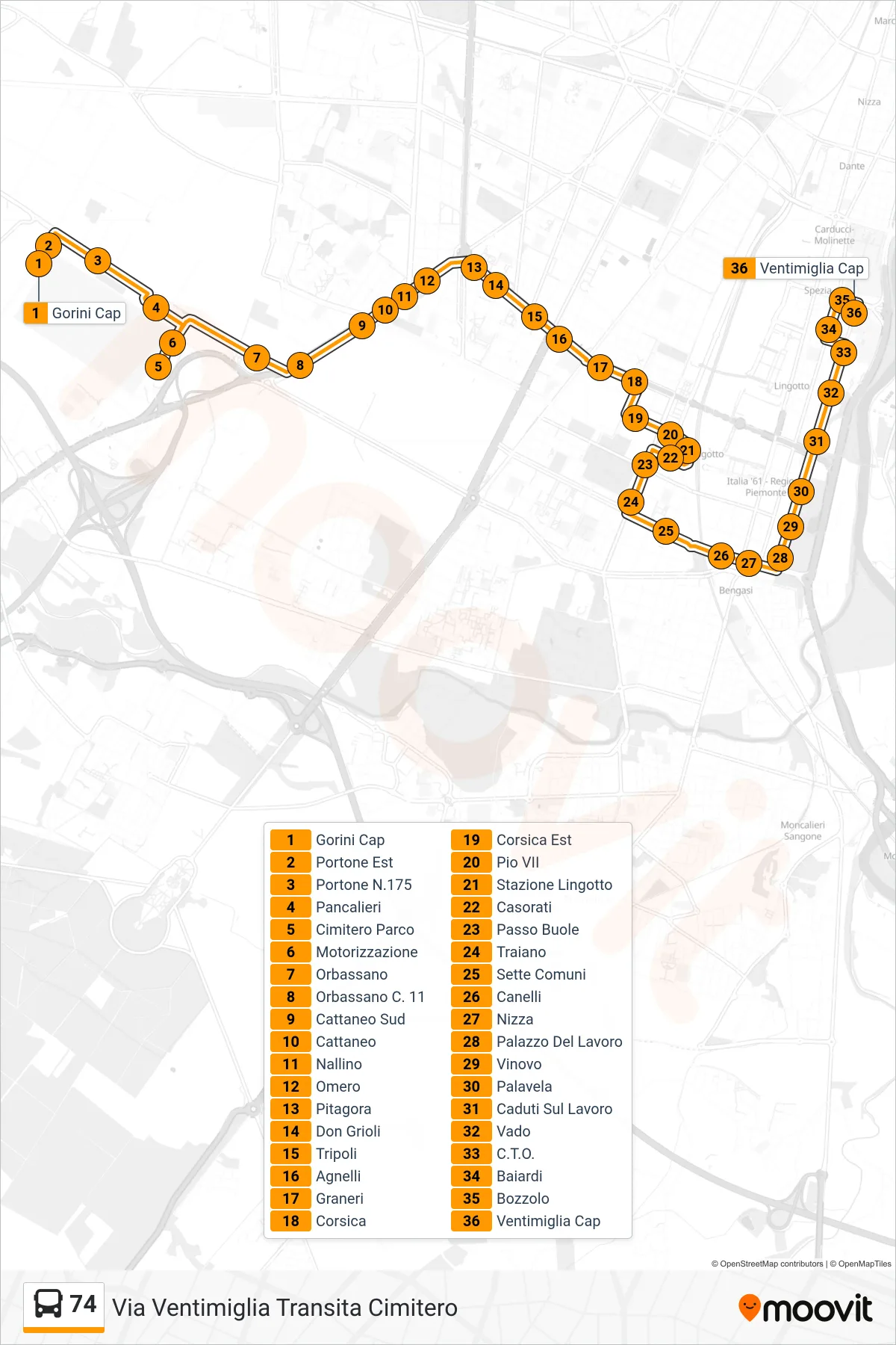 Linea 74  bus (Via Ventimiglia Transita Cimitero) - Percorsi e fermate sulla mappa