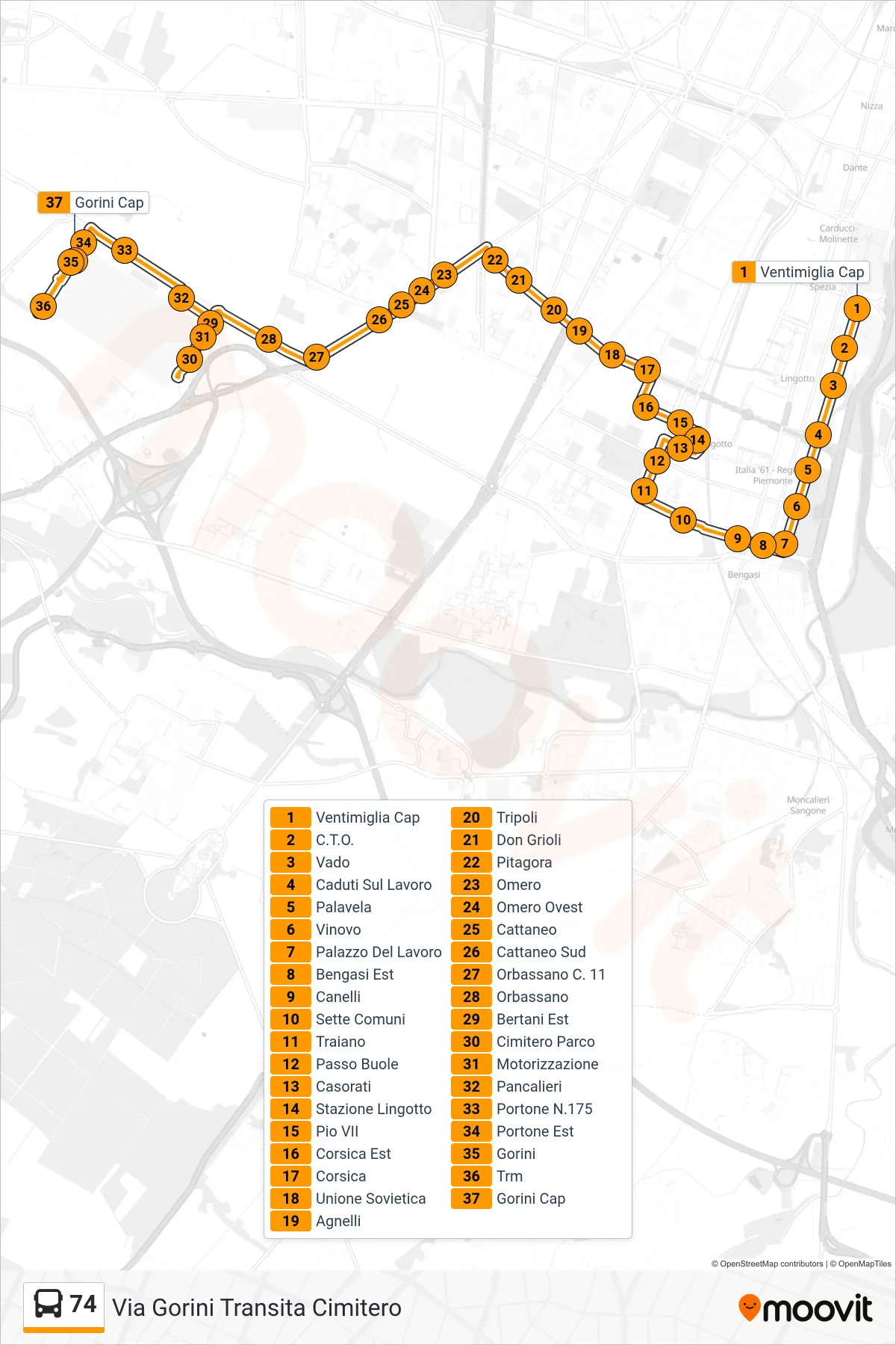 Linea 74  bus (Via Gorini Transita Cimitero) - Percorsi e fermate sulla mappa