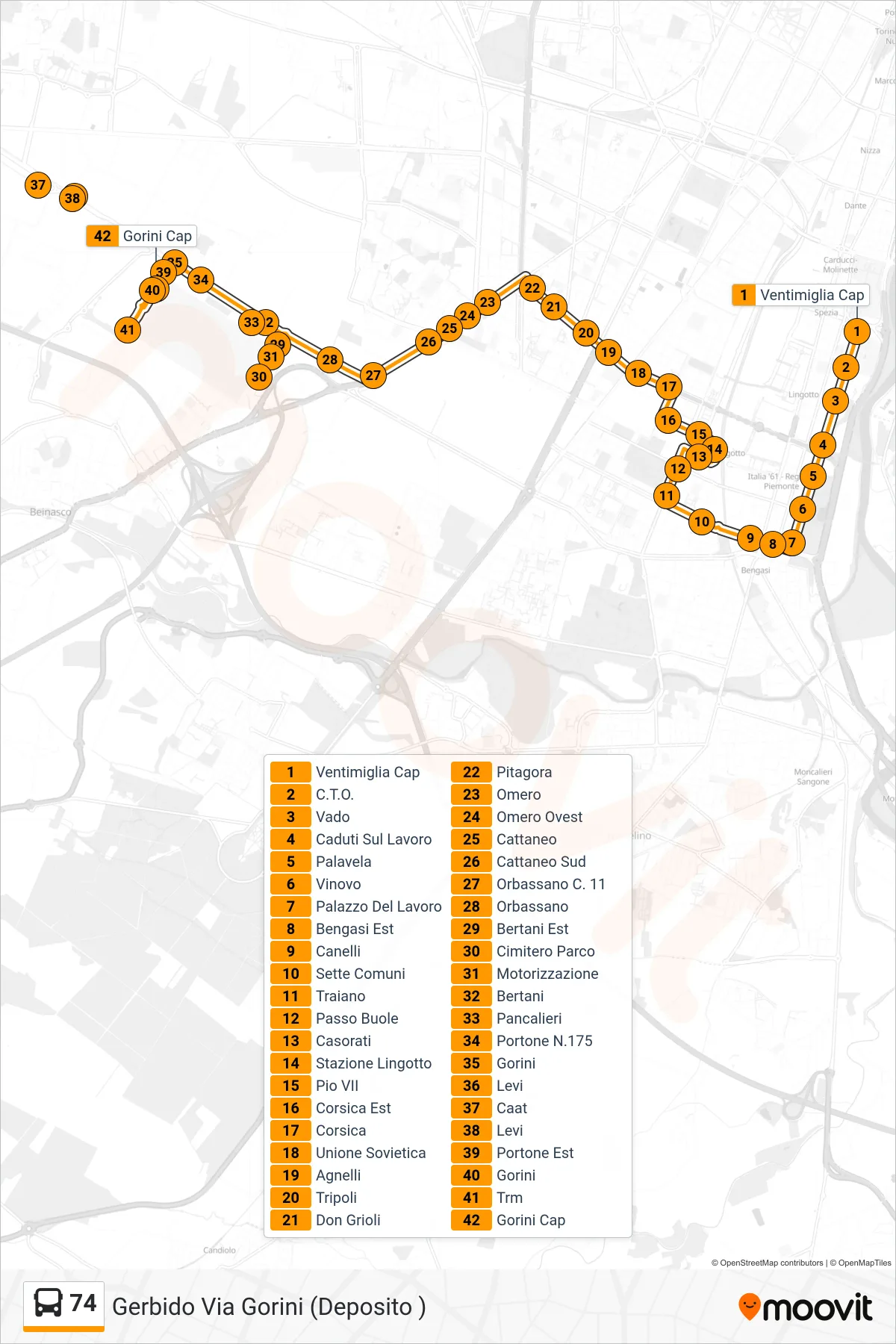 Linea 74 bus (Gerbido Via Gorini (Deposito )) - Percorsi e fermate sulla mappa