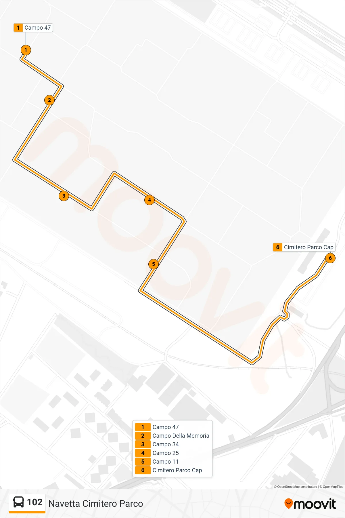 Linea 102  bus (Navetta Cimitero Parco) - Percorsi e fermate sulla mappa