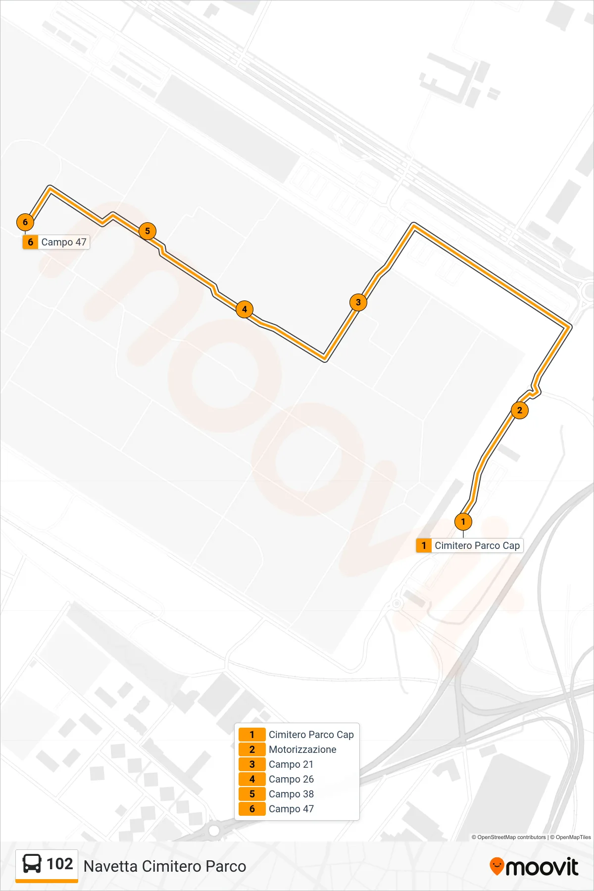 Linea 102 bus (Navetta Cimitero Parco) - Percorsi e fermate sulla mappa