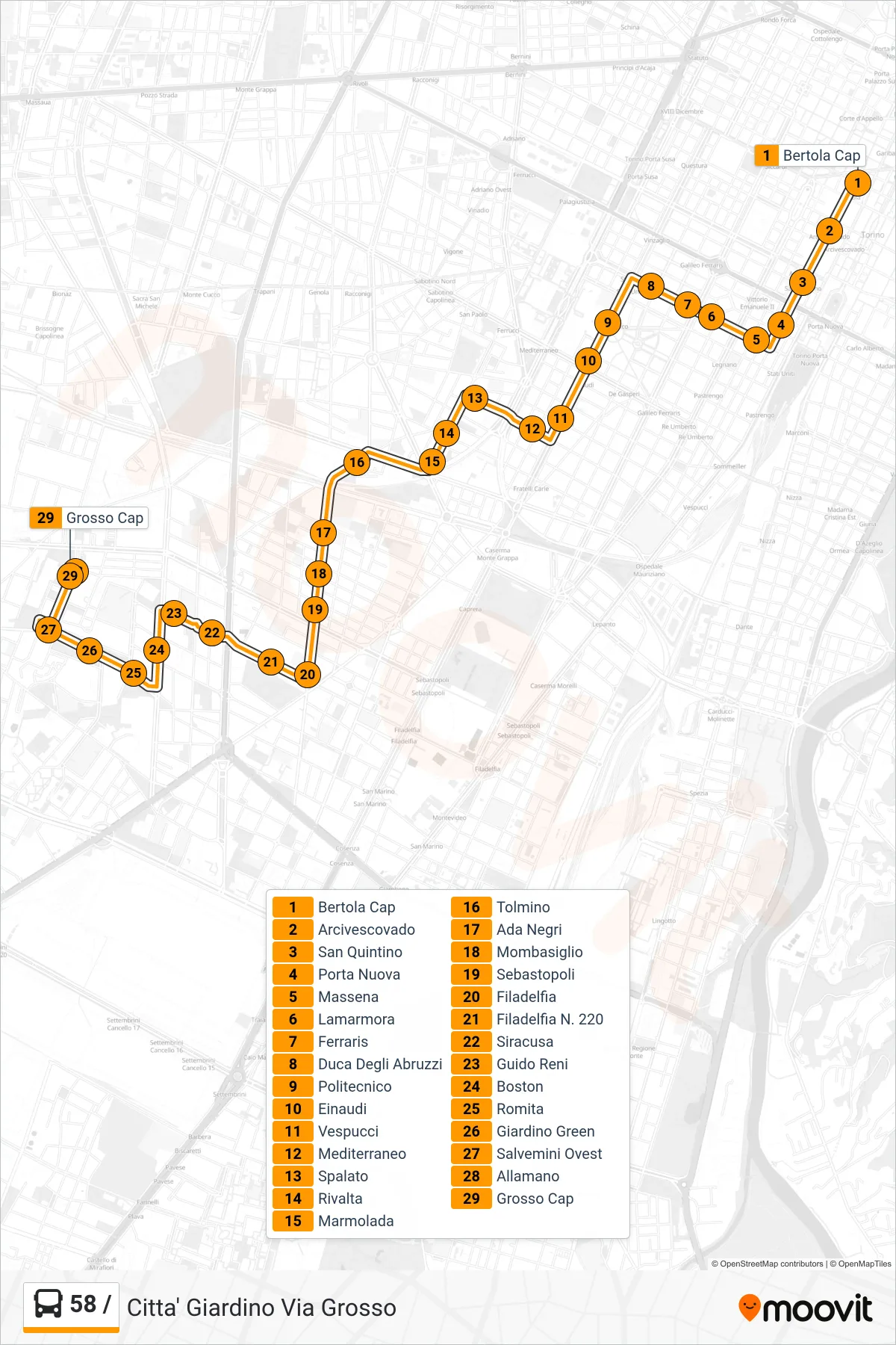 Linea 58 /  bus (Citta' Giardino Via Grosso) - Percorsi e fermate sulla mappa