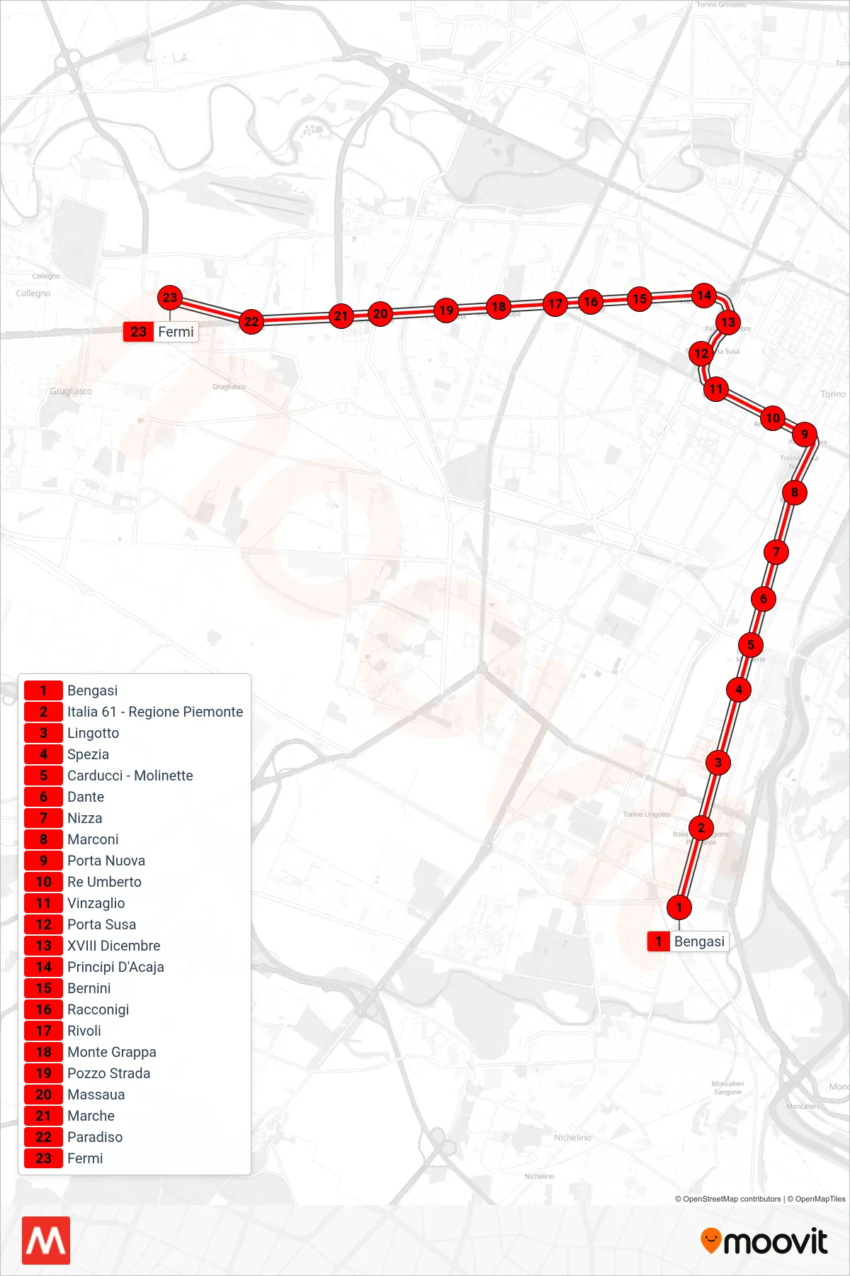 Linea M1  metro (Fermi) - Percorsi e fermate sulla mappa