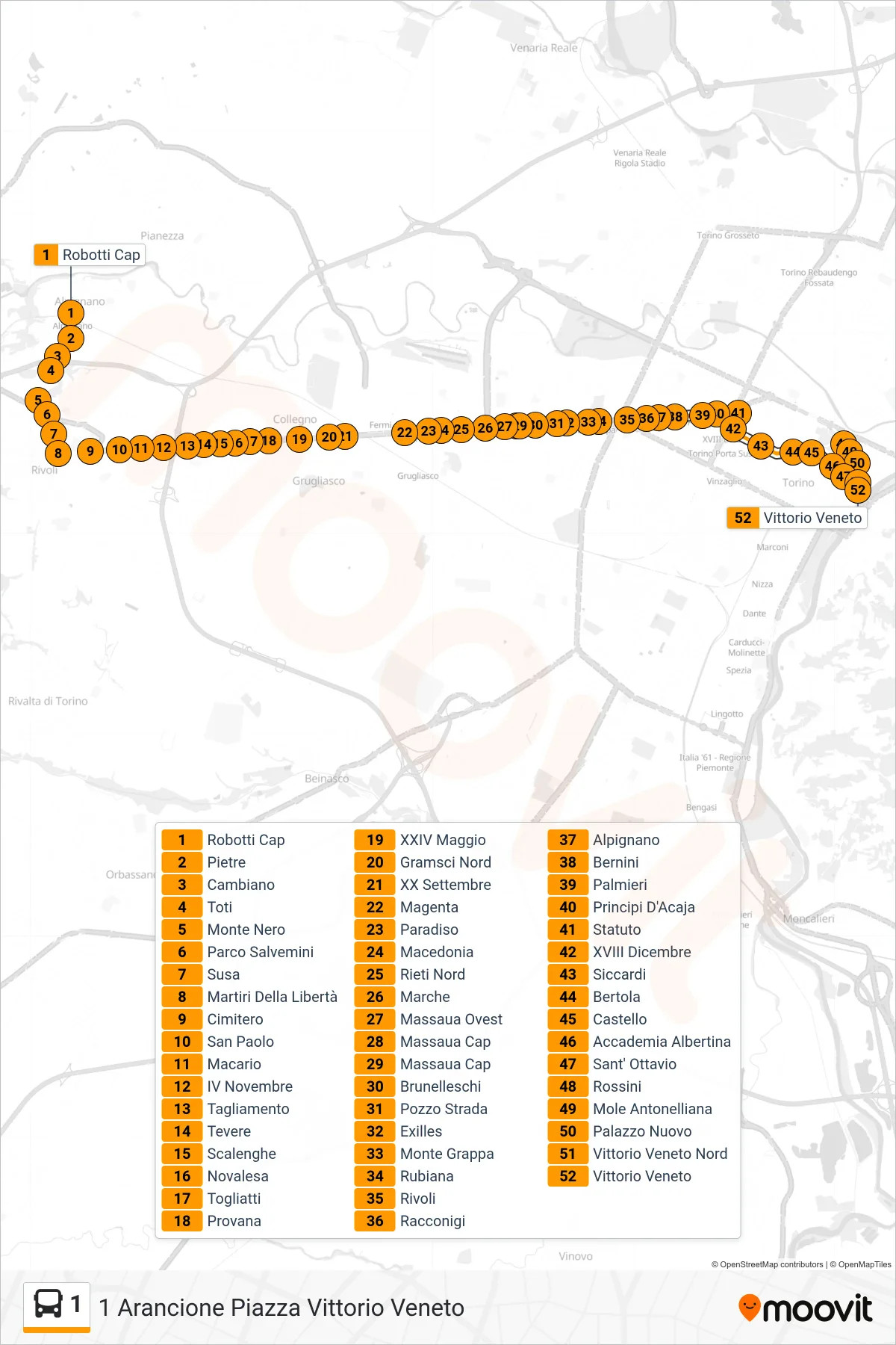 Linea 1 bus (1 Arancione Piazza Vittorio Veneto) - Percorsi e fermate sulla mappa