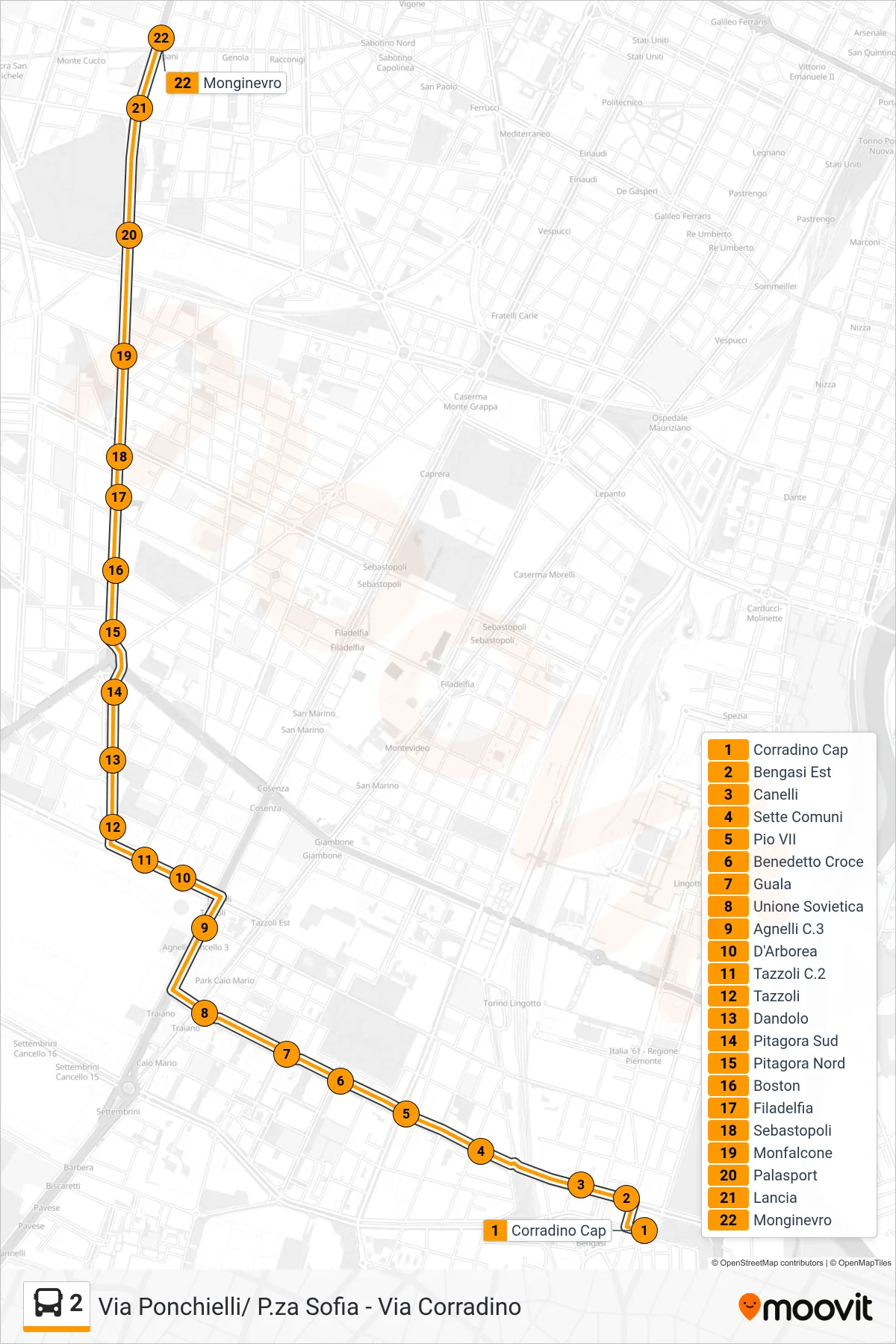 Linea 2 bus (Monginevro) - Percorsi e fermate sulla mappa