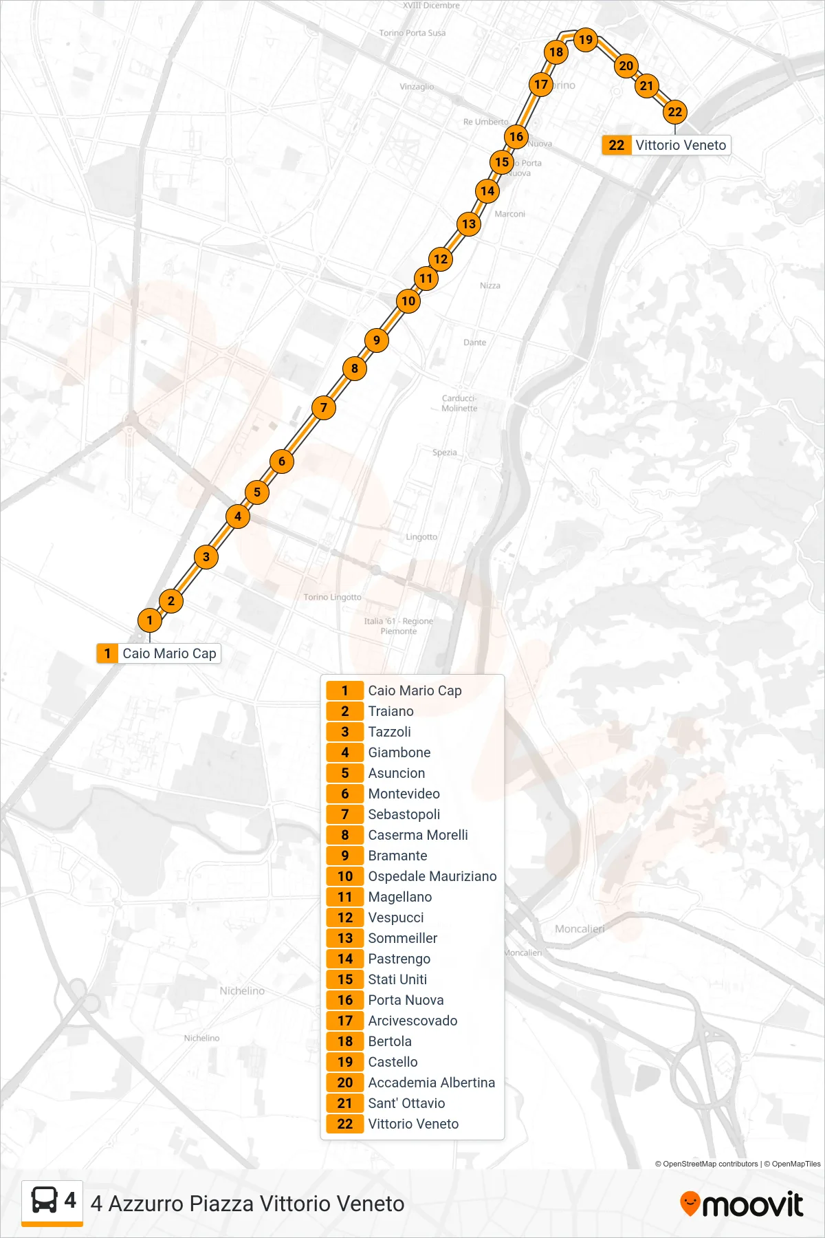 Linea 4  bus (4 Azzurro Piazza Vittorio Veneto) - Percorsi e fermate sulla mappa