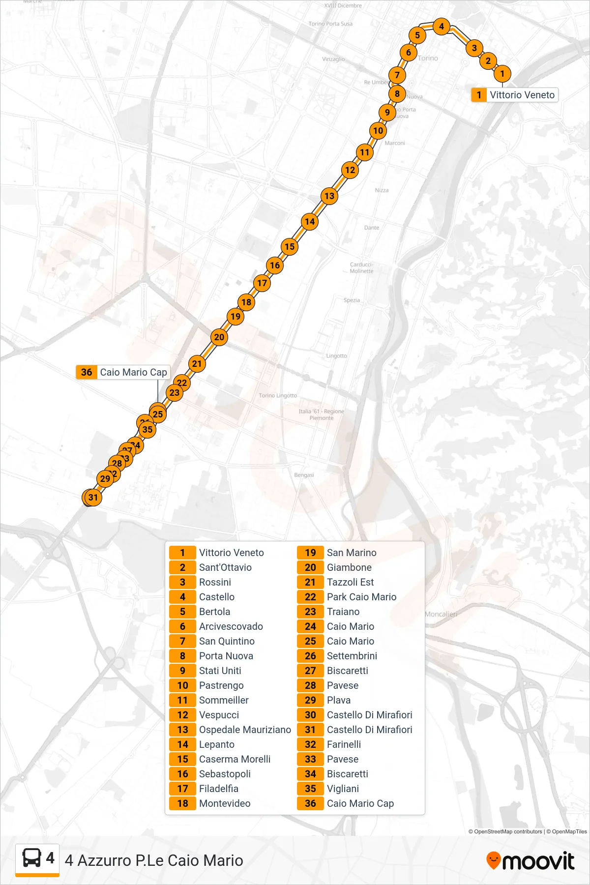 Linea 4 bus (4 Azzurro P.Le Caio Mario) - Percorsi e fermate sulla mappa