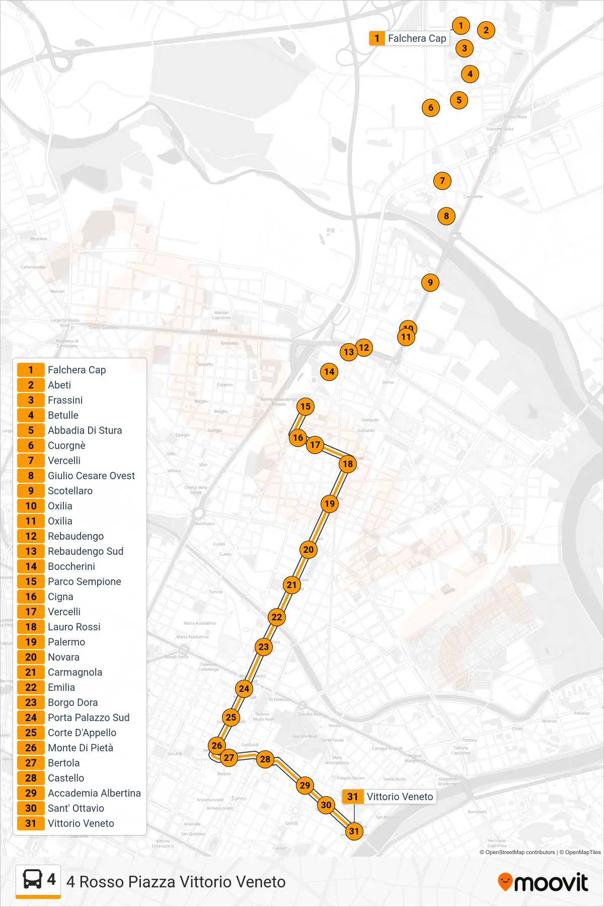 Linea 4 bus (4 Rosso Piazza Vittorio Veneto) - Percorsi e fermate sulla mappa