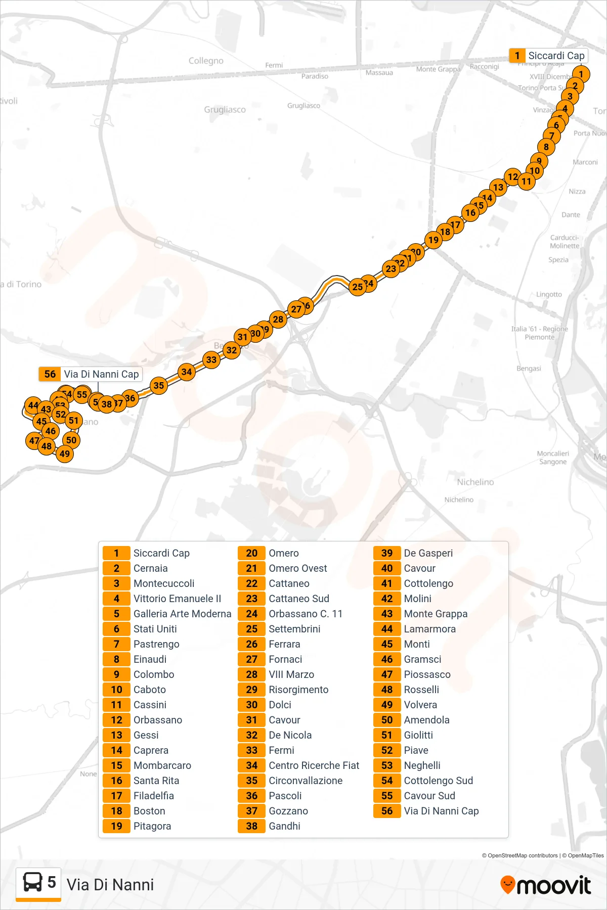 Linea 5 bus (Via Di Nanni) - Percorsi e fermate sulla mappa