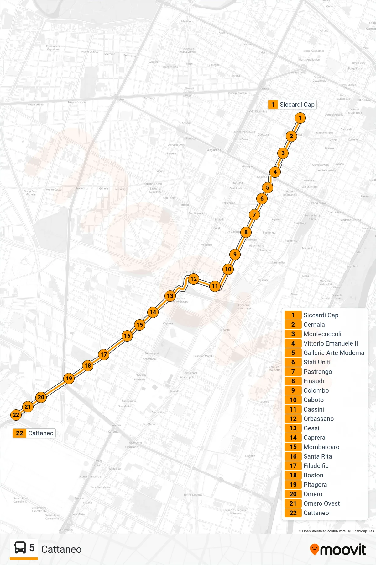 Linea 5 bus (Cattaneo) - Percorsi e fermate sulla mappa