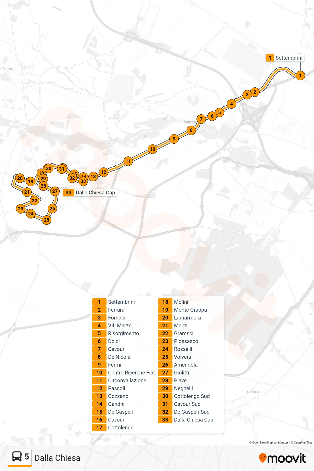 Linea 5  bus (Dalla Chiesa) - Percorsi e fermate sulla mappa