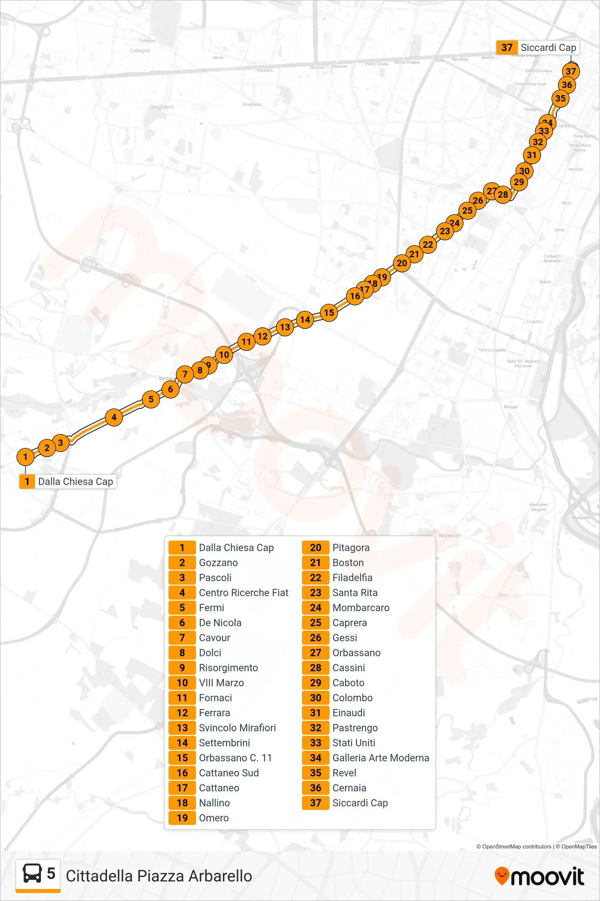 Linea 5 bus (Cittadella Piazza Arbarello) - Percorsi e fermate sulla mappa