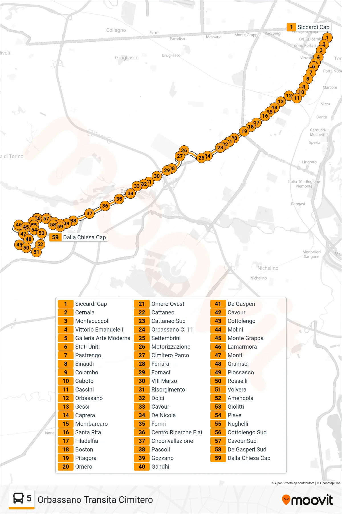 Linea 5 bus (Orbassano Transita Cimitero) - Percorsi e fermate sulla mappa