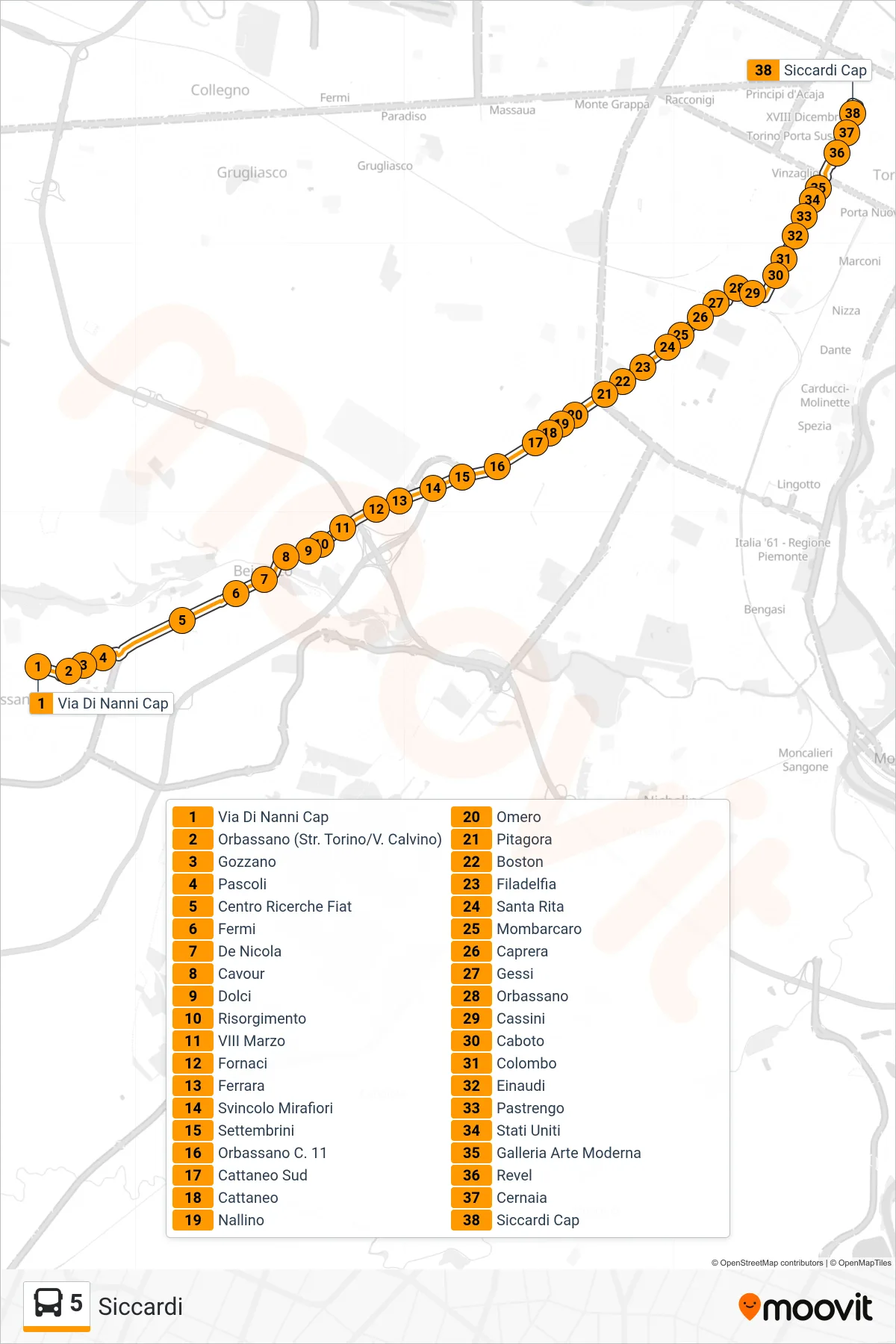 5 bus Line (Siccardi) route and stops on a map