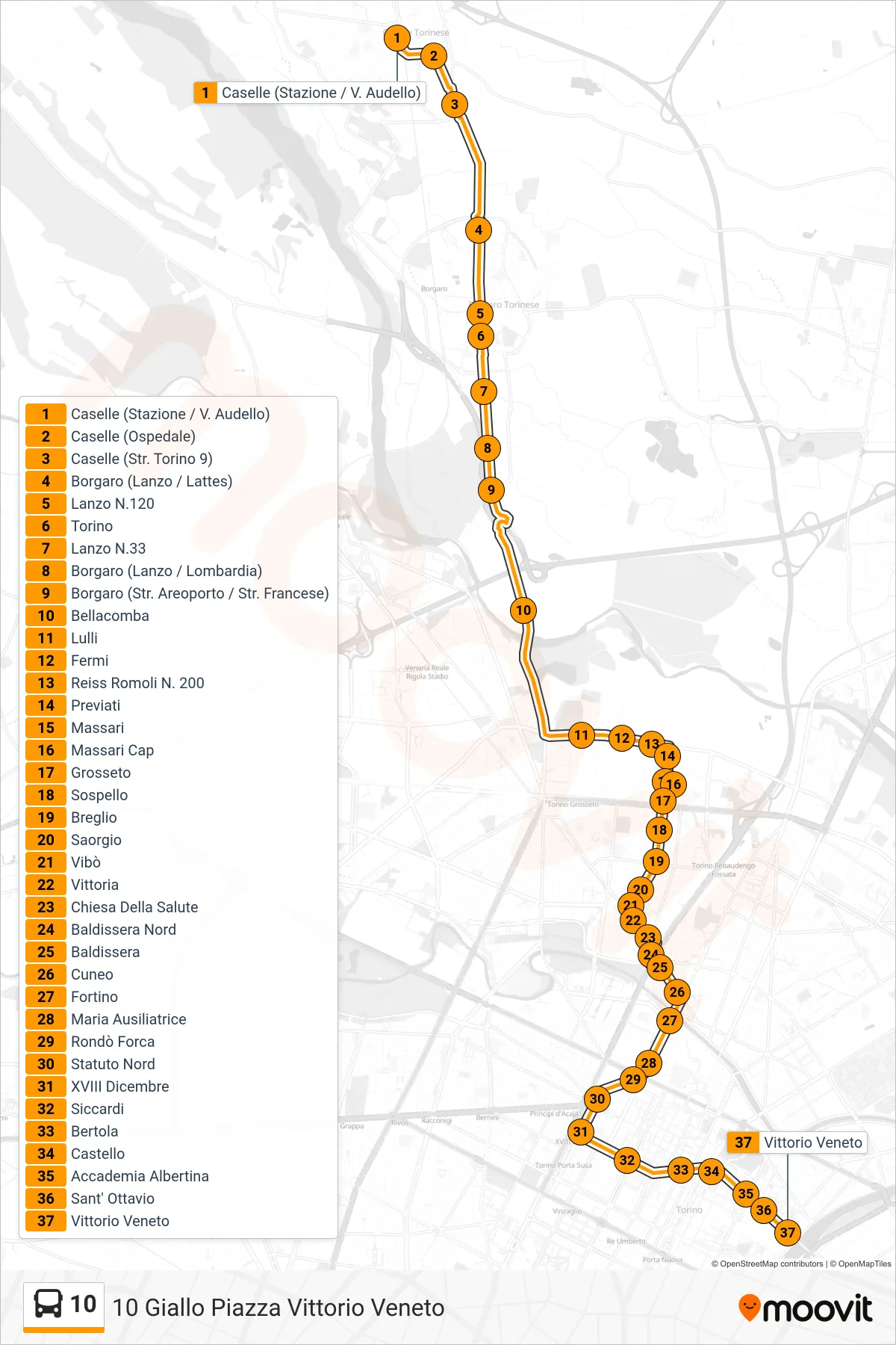 Linea 10  bus (10 Giallo Piazza Vittorio Veneto) - Percorsi e fermate sulla mappa
