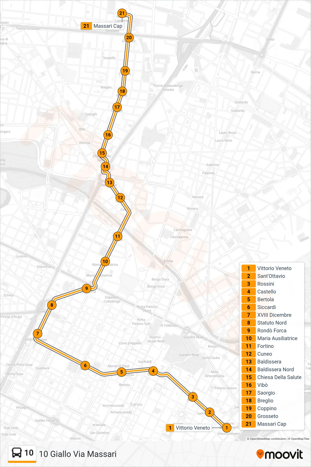 Linea 10  bus (10 Giallo Via Massari) - Percorsi e fermate sulla mappa