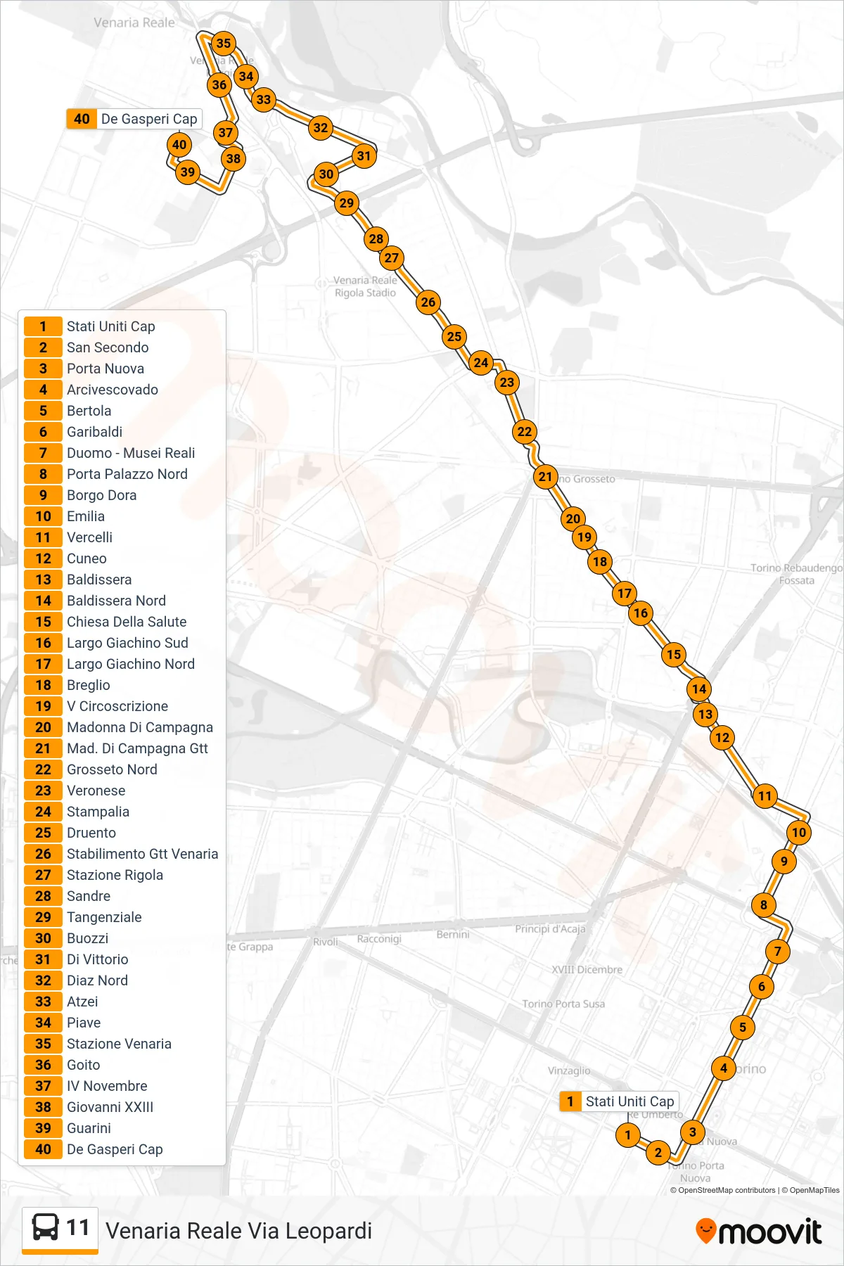 Linea 11 bus (Venaria Reale Via Leopardi) - Percorsi e fermate sulla mappa