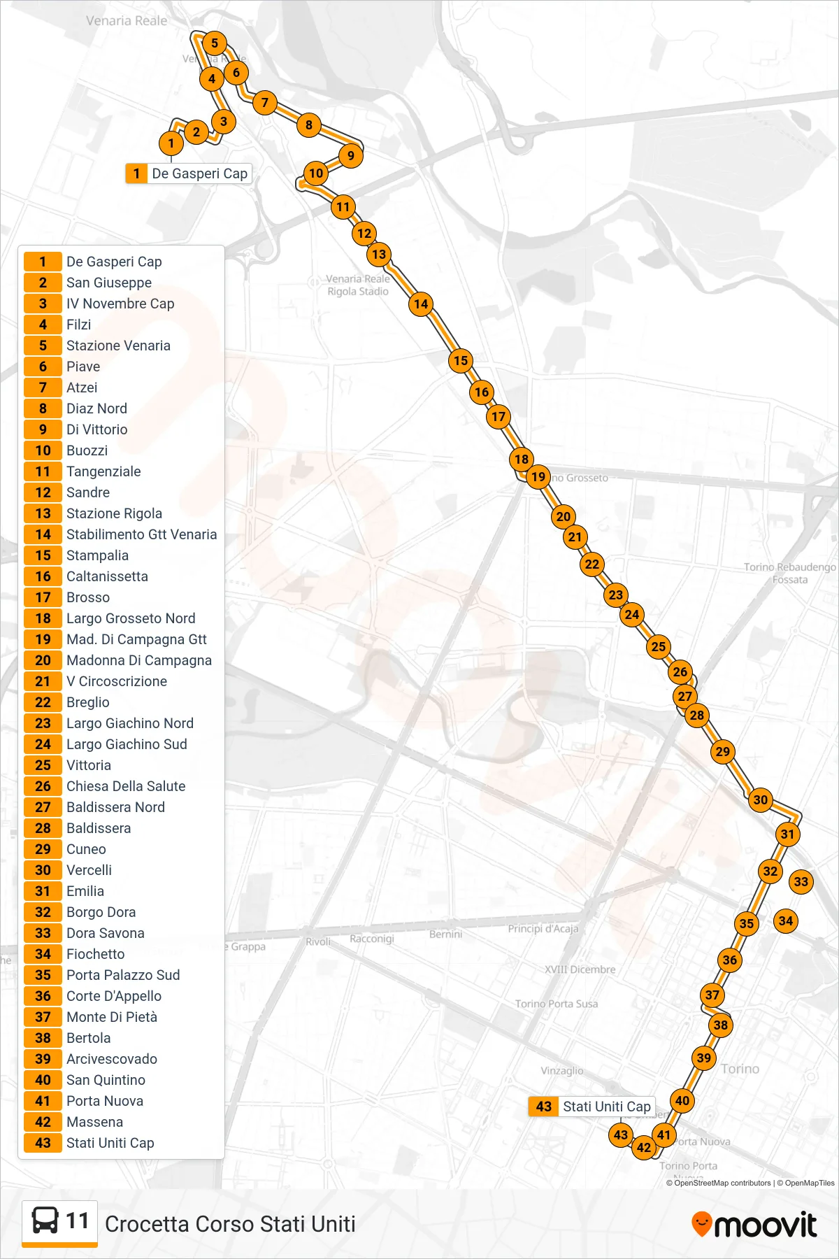 Linea 11 bus (Crocetta Corso Stati Uniti) - Percorsi e fermate sulla mappa