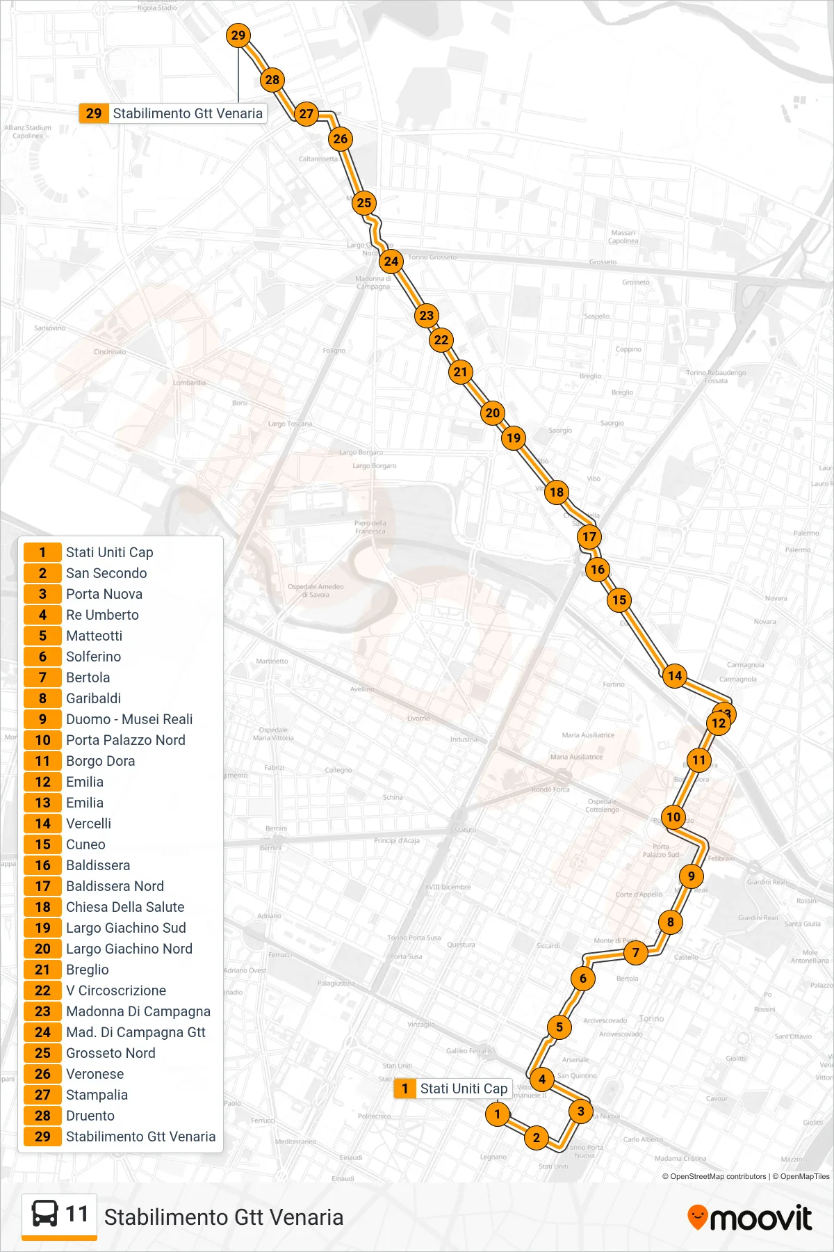 Linea 11 bus (Stabilimento Gtt Venaria) - Percorsi e fermate sulla mappa