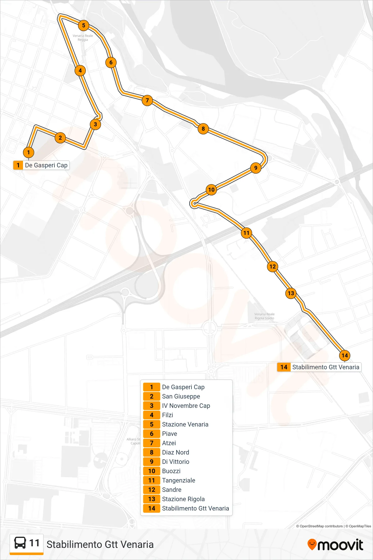 Linea 11  bus (Stabilimento Gtt Venaria) - Percorsi e fermate sulla mappa
