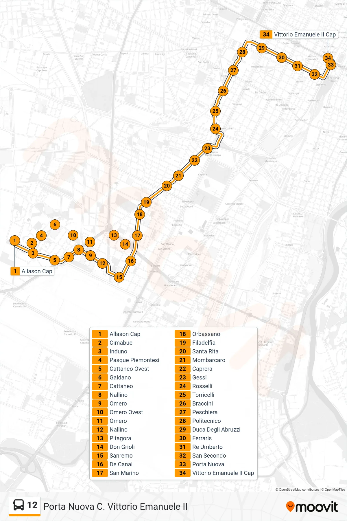 Linea 12 bus (Porta Nuova C. Vittorio Emanuele II) - Percorsi e fermate sulla mappa