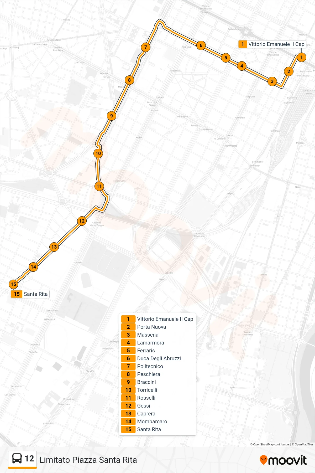 Linea 12 bus (Limitato Piazza Santa Rita) - Percorsi e fermate sulla mappa