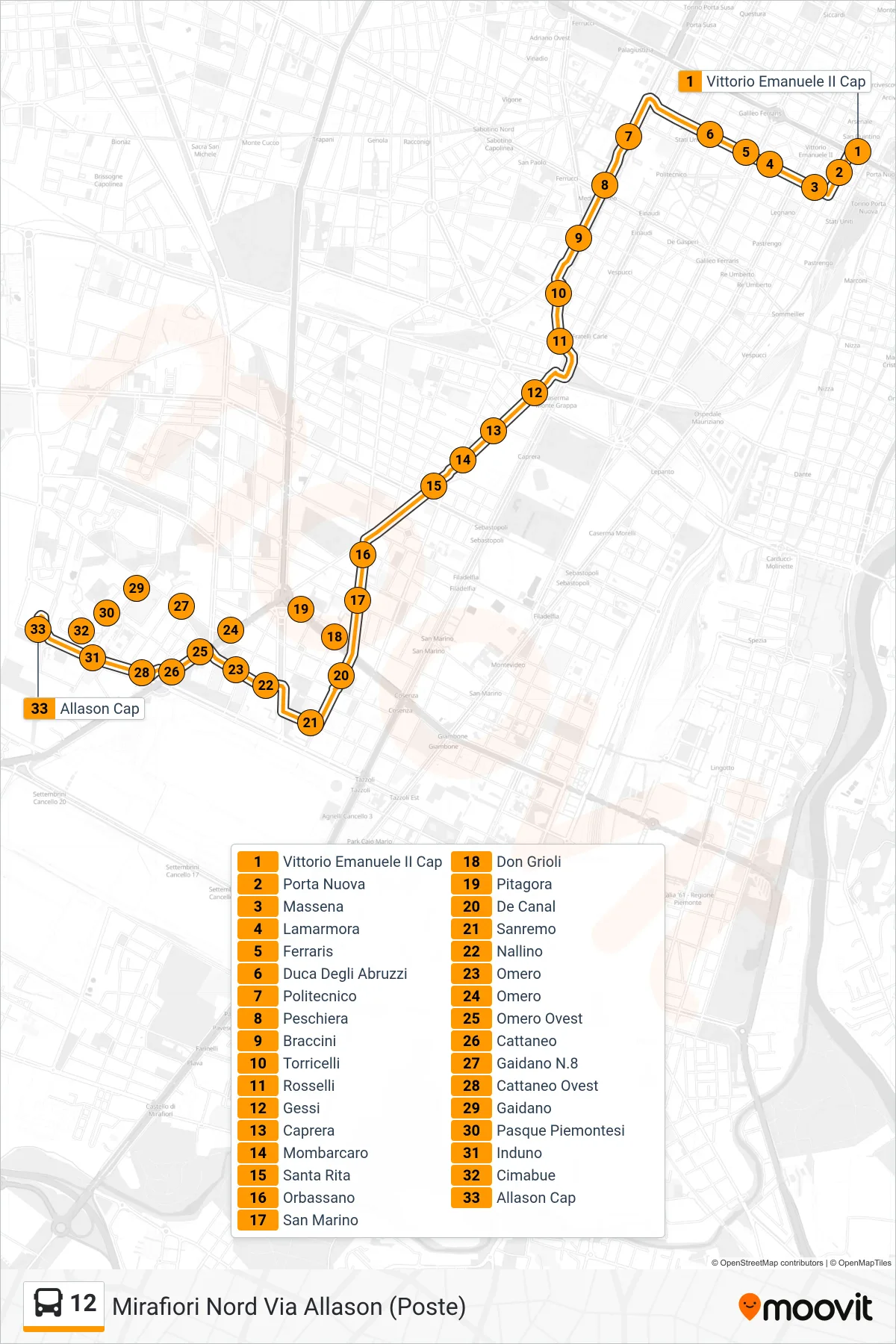 Linea 12  bus (Mirafiori Nord Via Allason (Poste)) - Percorsi e fermate sulla mappa