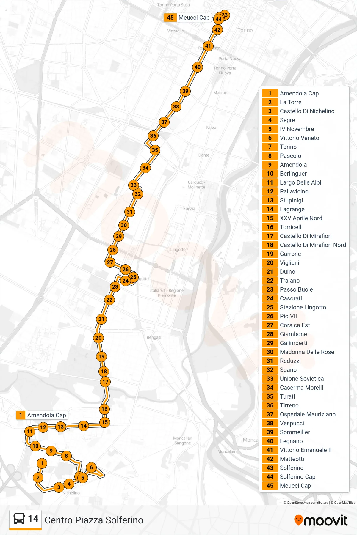 Linea 14 bus (Centro Piazza Solferino) - Percorsi e fermate sulla mappa