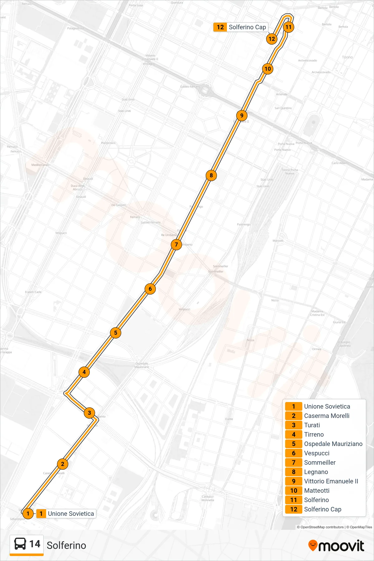 14 bus Line (Solferino) route and stops on a map