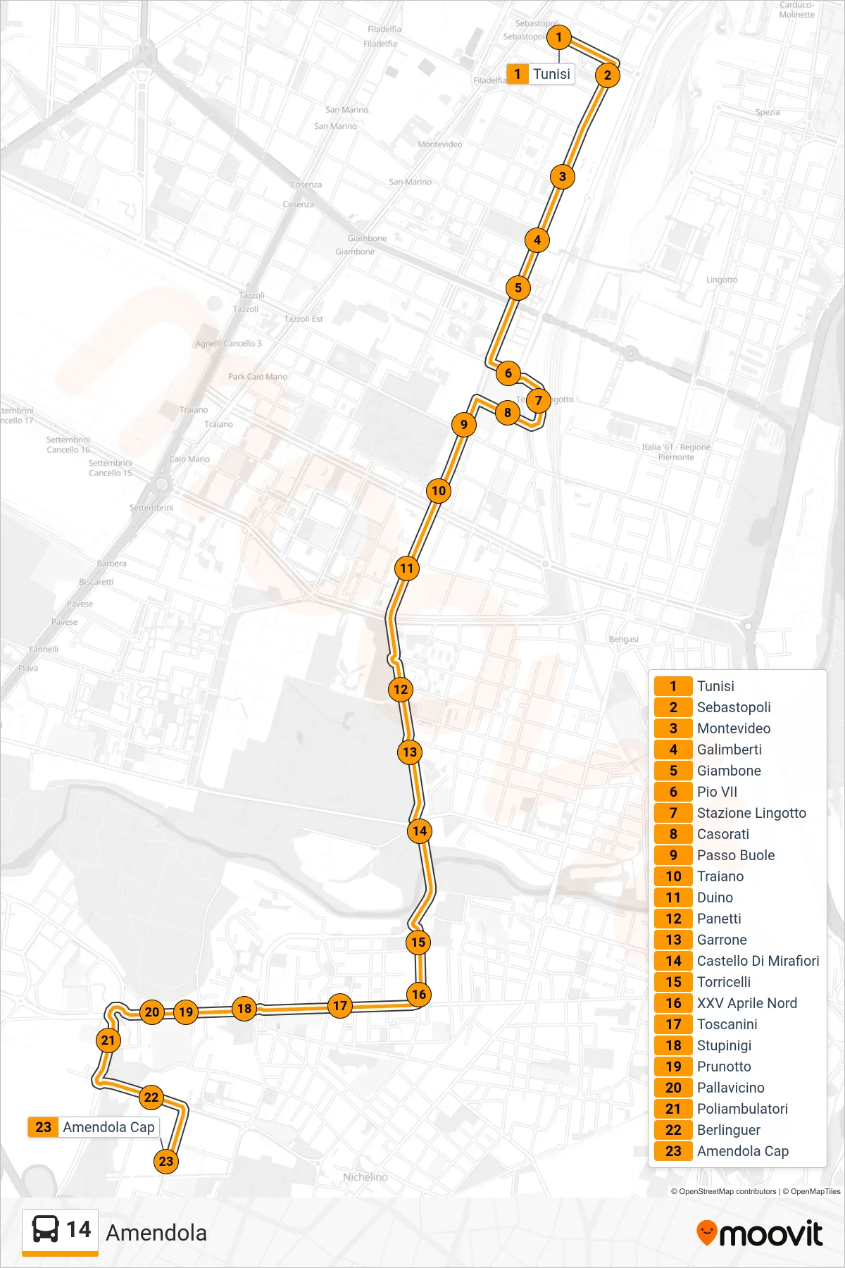 Linea 14  bus (Amendola) - Percorsi e fermate sulla mappa
