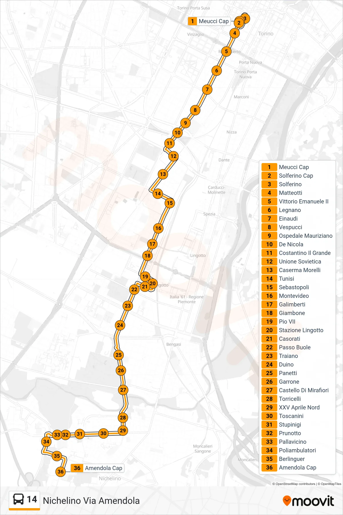 Linea 14 bus (Nichelino Via Amendola) - Percorsi e fermate sulla mappa