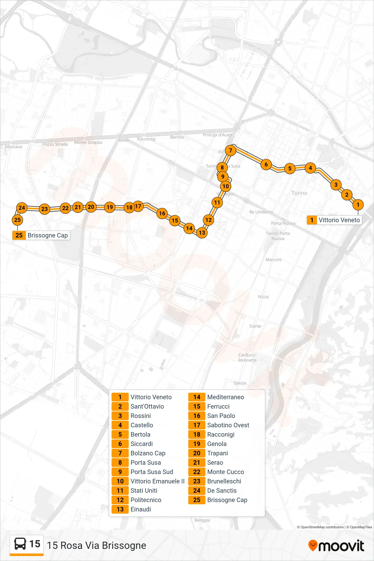 Linea 15 bus (15 Rosa Via Brissogne) - Percorsi e fermate sulla mappa