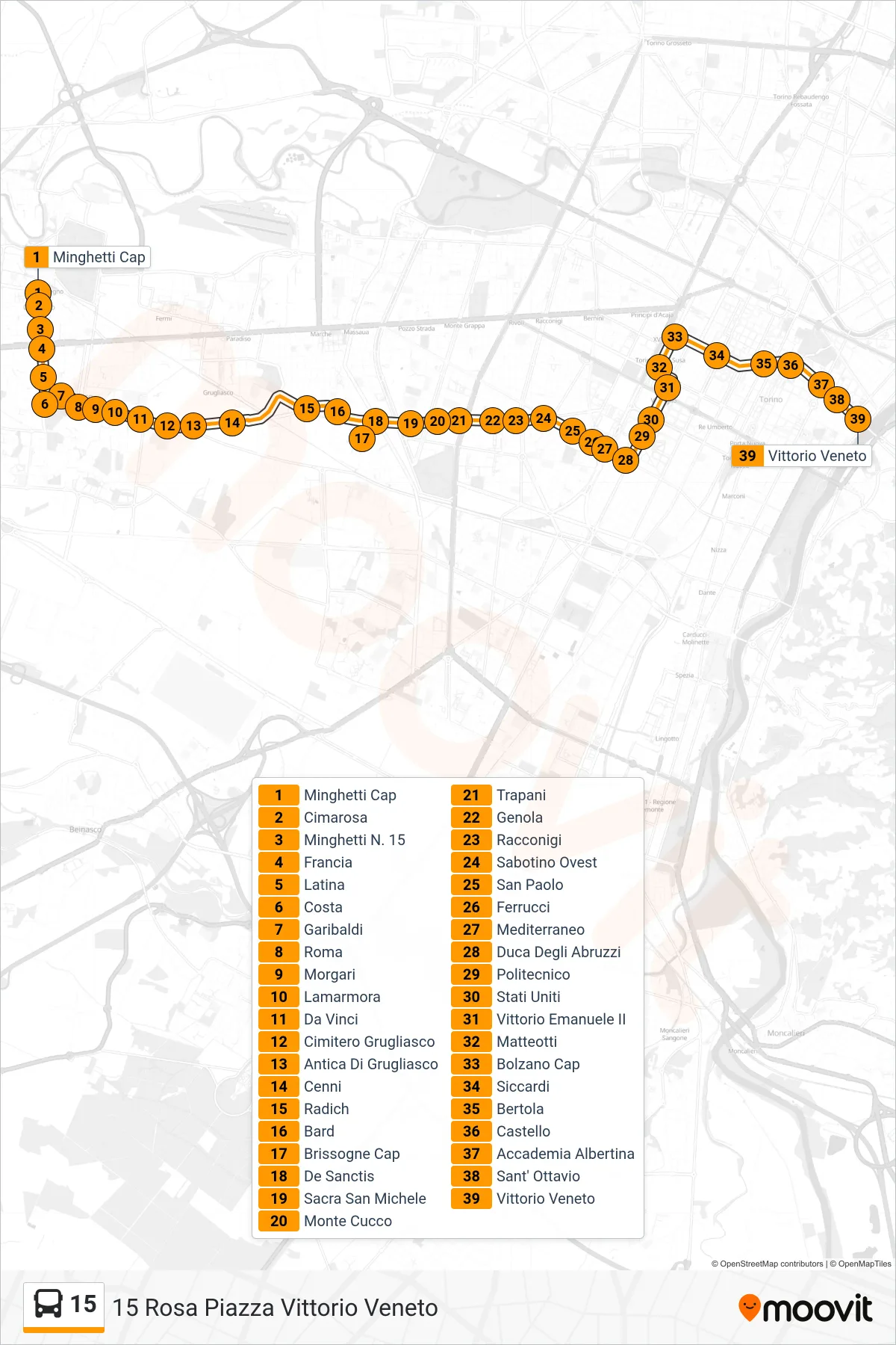 Linea 15  bus (15 Rosa Piazza Vittorio Veneto) - Percorsi e fermate sulla mappa