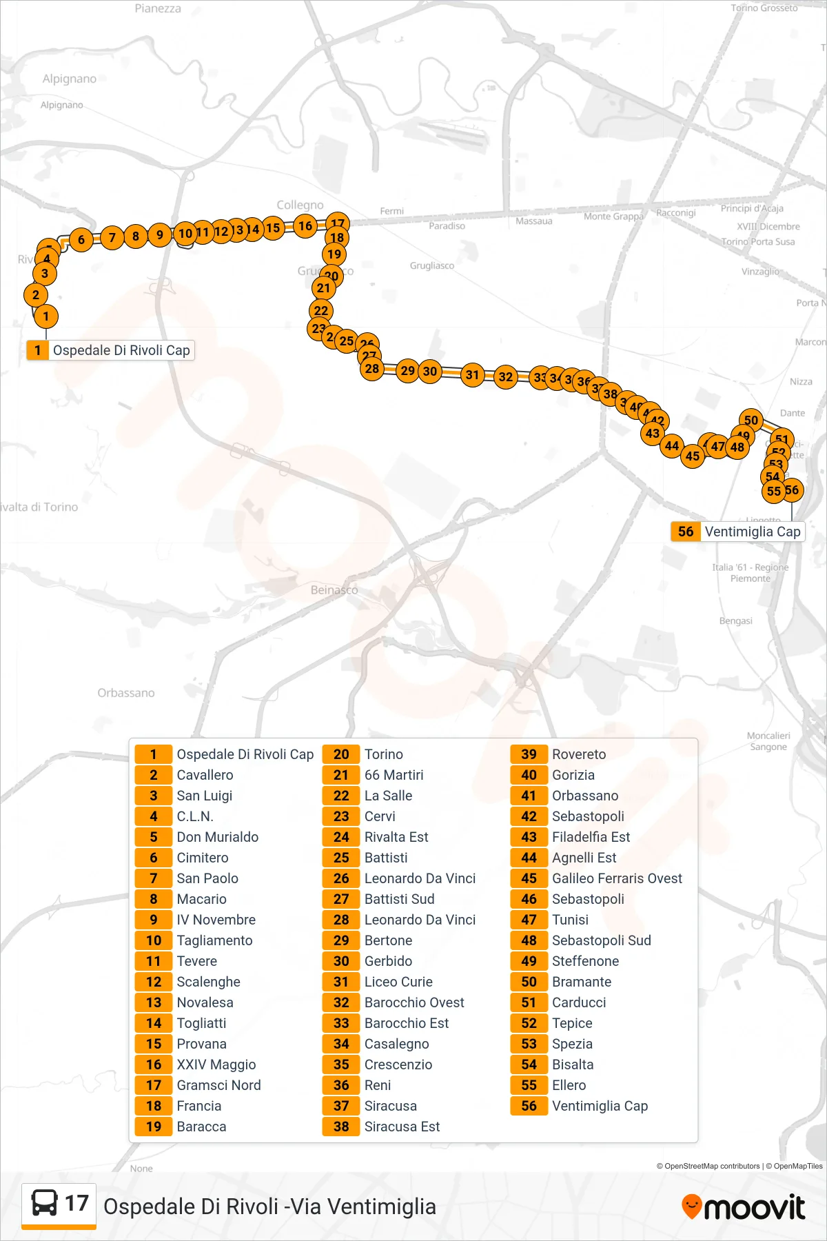 Linea 17 bus (Ospedali Via Ventimiglia) - Percorsi e fermate sulla mappa